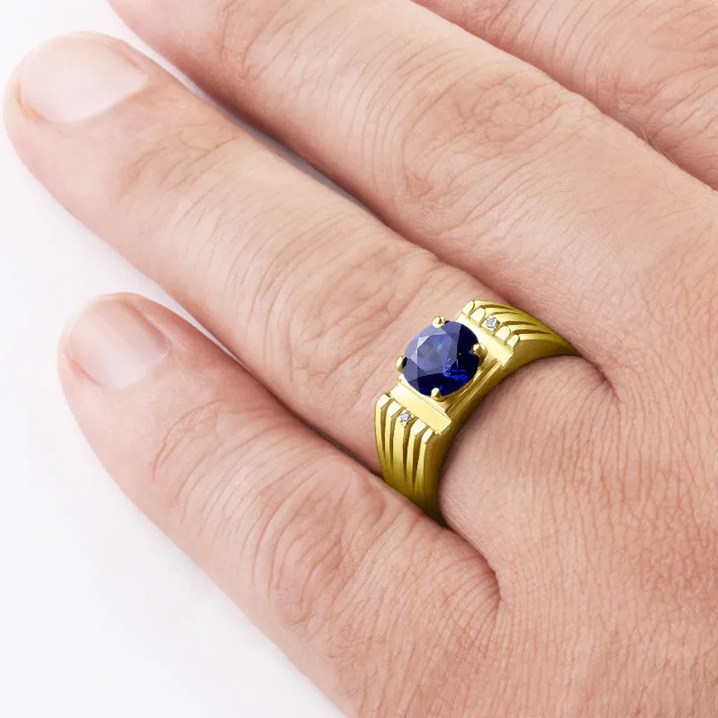 14k Gold Men's Ring with Blue Sapphire and Genuine Diamonds