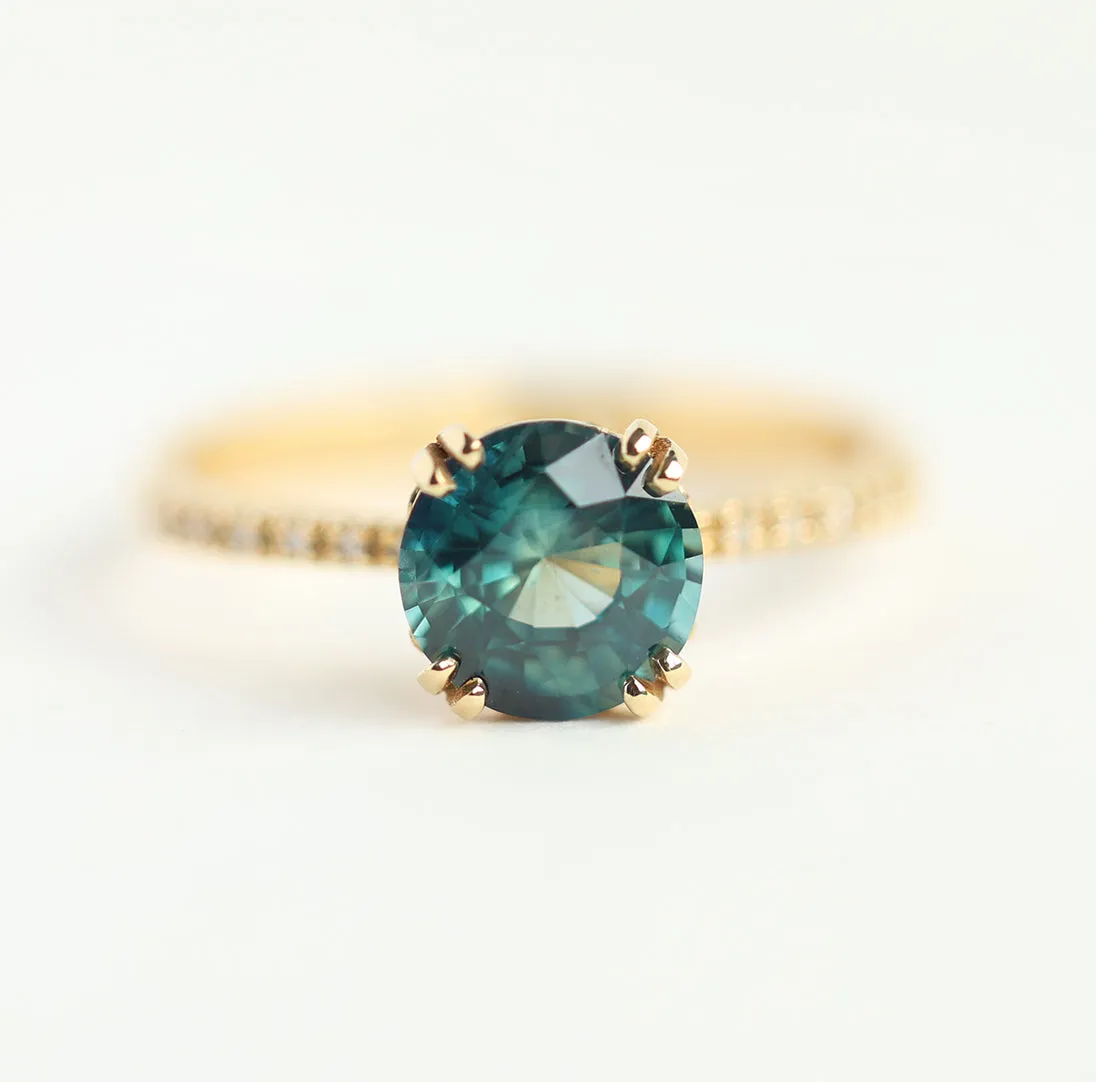 1.6Ct Round Teal Sapphire Engagement Ring, Sapphire Diamond Ring With Pave Diamond Band