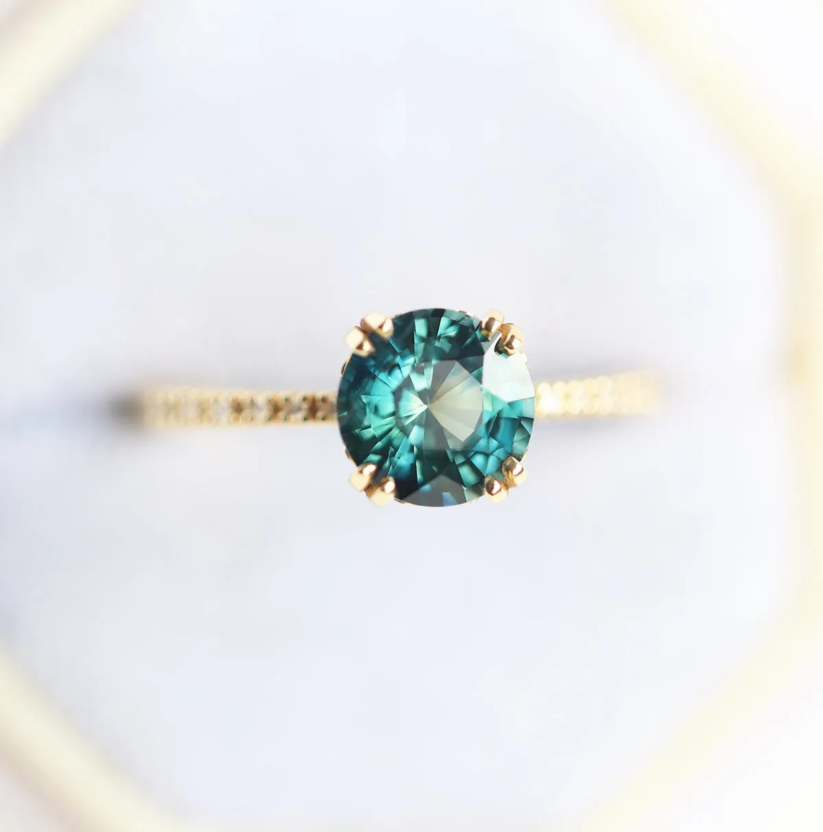 1.6Ct Round Teal Sapphire Engagement Ring, Sapphire Diamond Ring With Pave Diamond Band