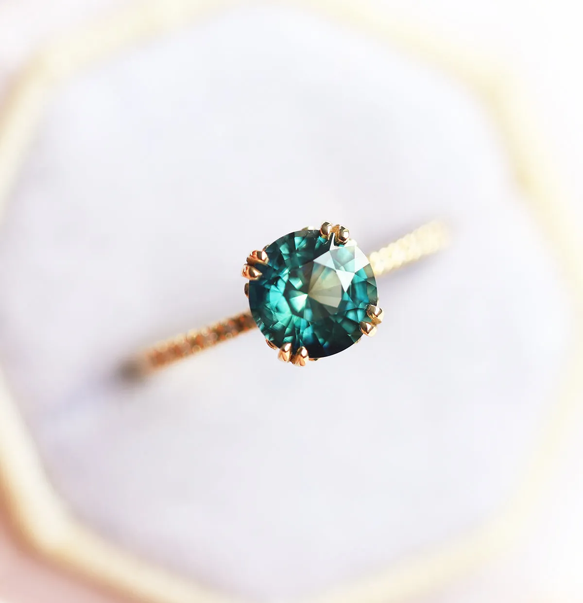 1.6Ct Round Teal Sapphire Engagement Ring, Sapphire Diamond Ring With Pave Diamond Band