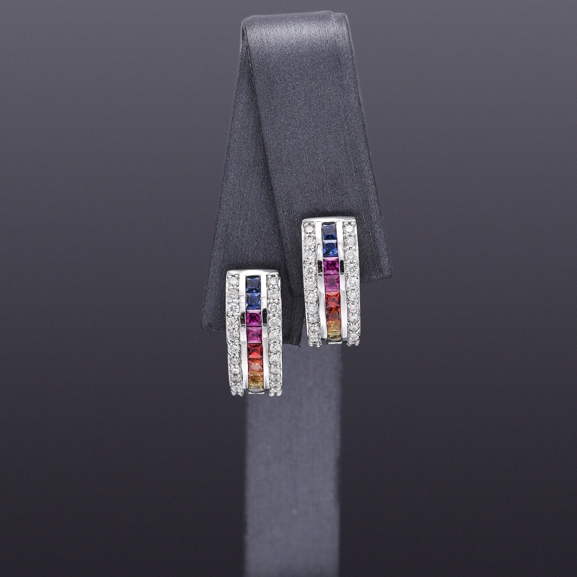 18K White Gold Rainbow Sapphire & 0.72 TCW Diamond Hoop Huggie Earrings G/H VS