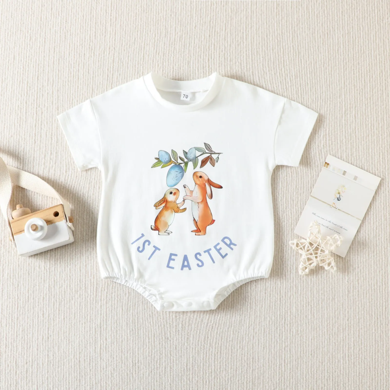 2023 Easter New Baby Bodysuit Cartoon Rabbit Letter Print Short Sleeve Triangle Romper Creeper