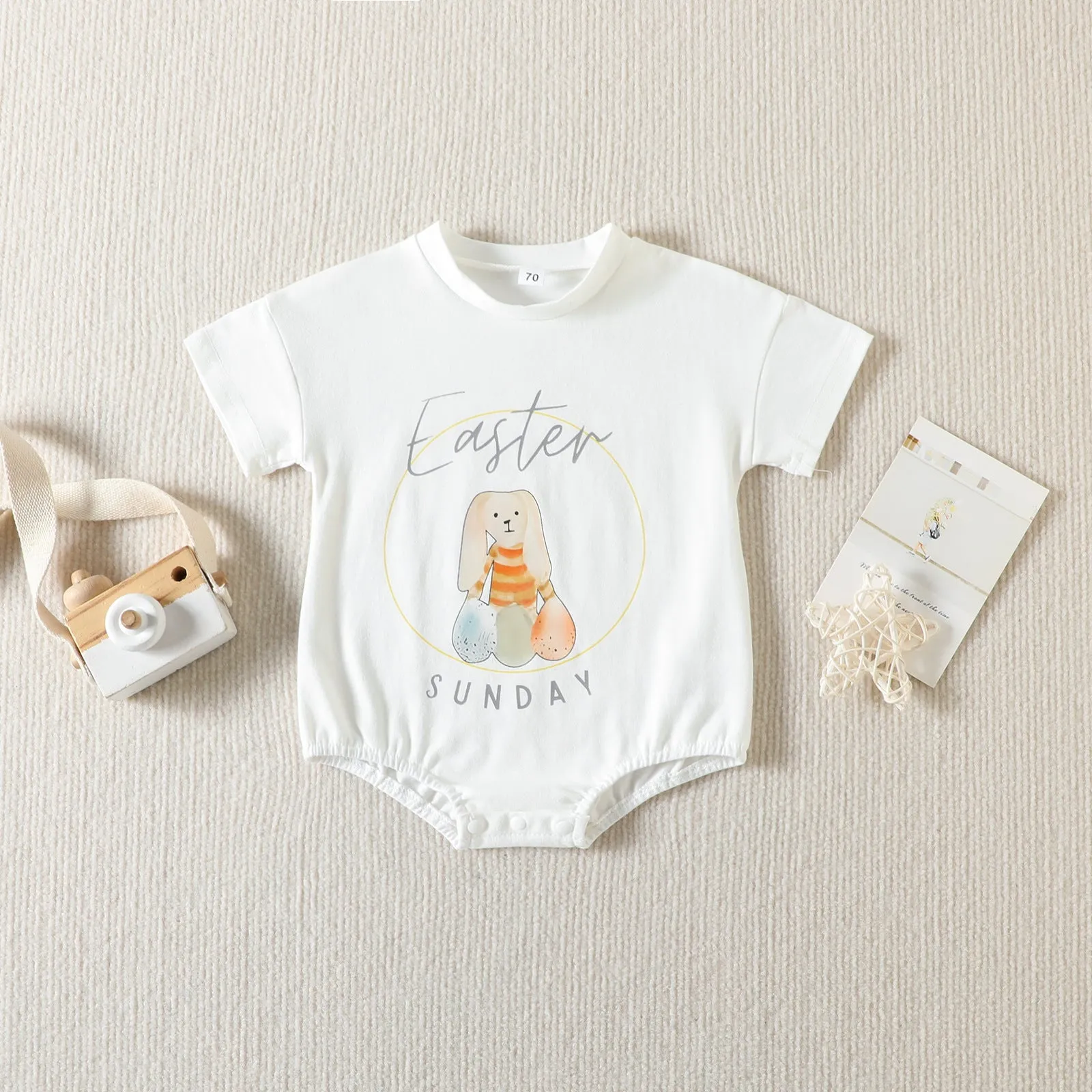 2023 Easter New Baby Bodysuit Cartoon Rabbit Letter Print Short Sleeve Triangle Romper Creeper