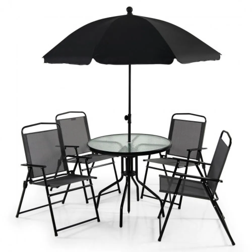 6 Pieces Patio Dining Set Folding Chairs Glass Table Tilt Umbrella for Garden-Gray