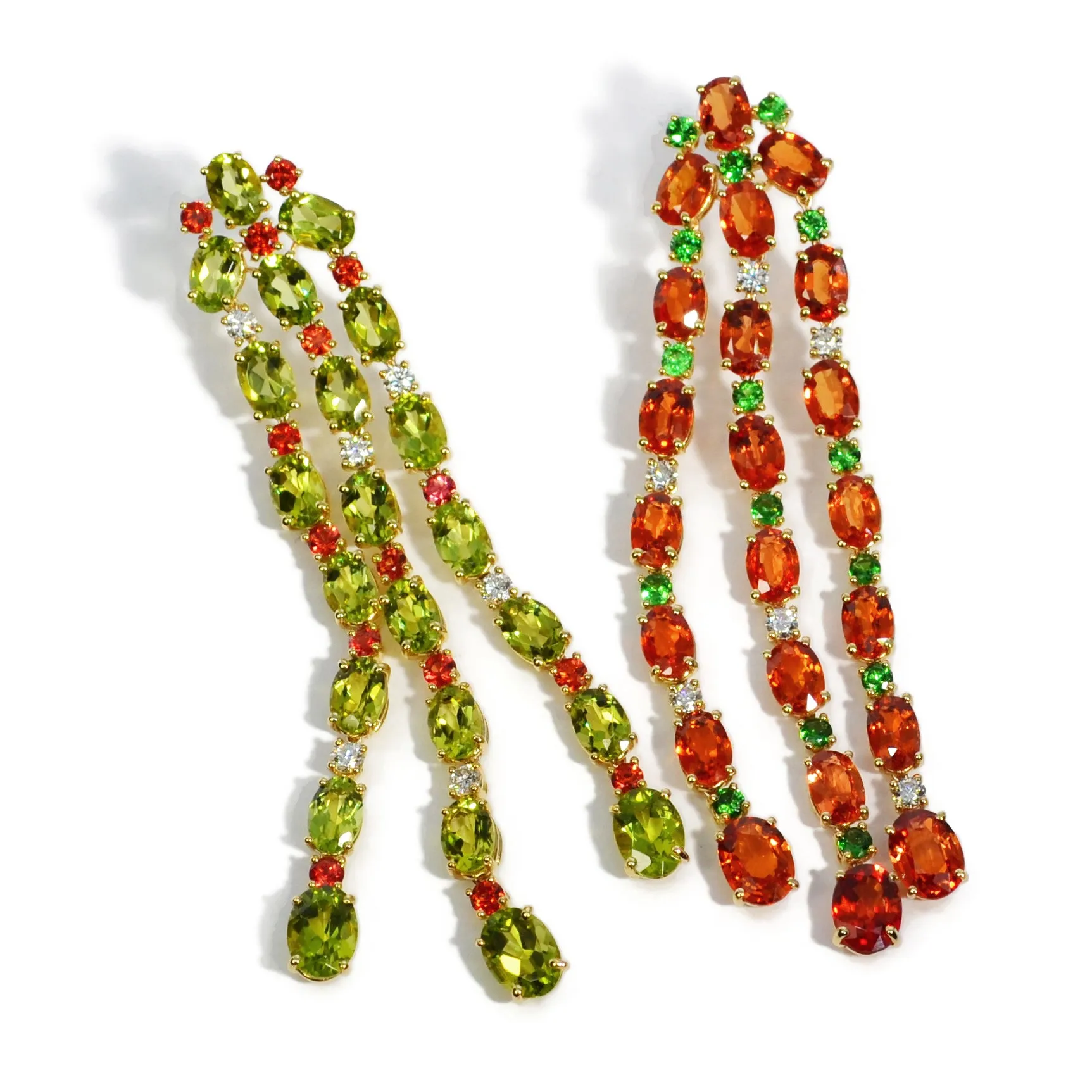 A & Furst - Nightlife - Mismatched Chandelier Earrings with Orange Sapphires, Peridot, Tsavorite and Diamonds, 18k Yellow Gold