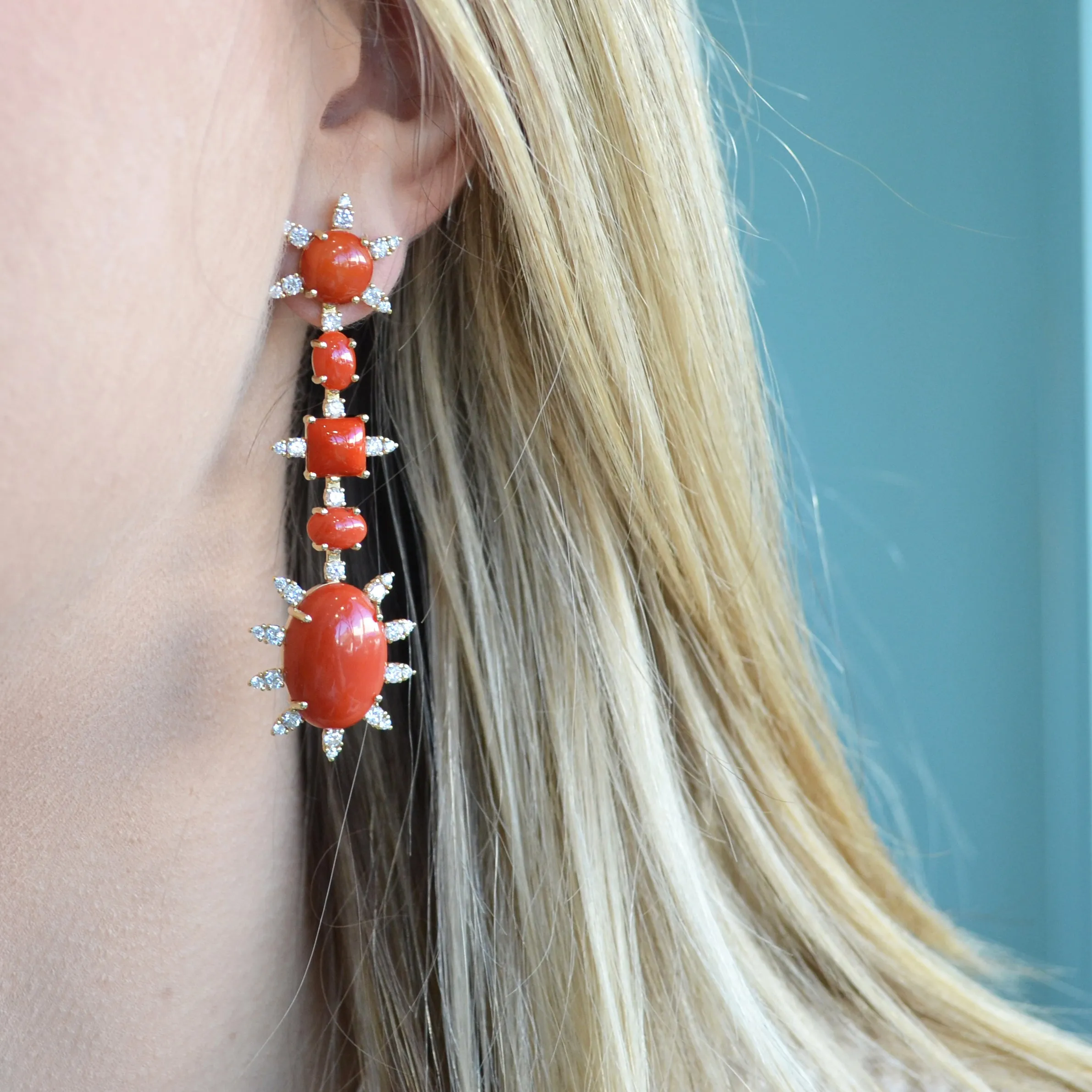 A & Furst - Sole - Drop Earrings with Red Corals and Diamonds, 18k Yellow Gold