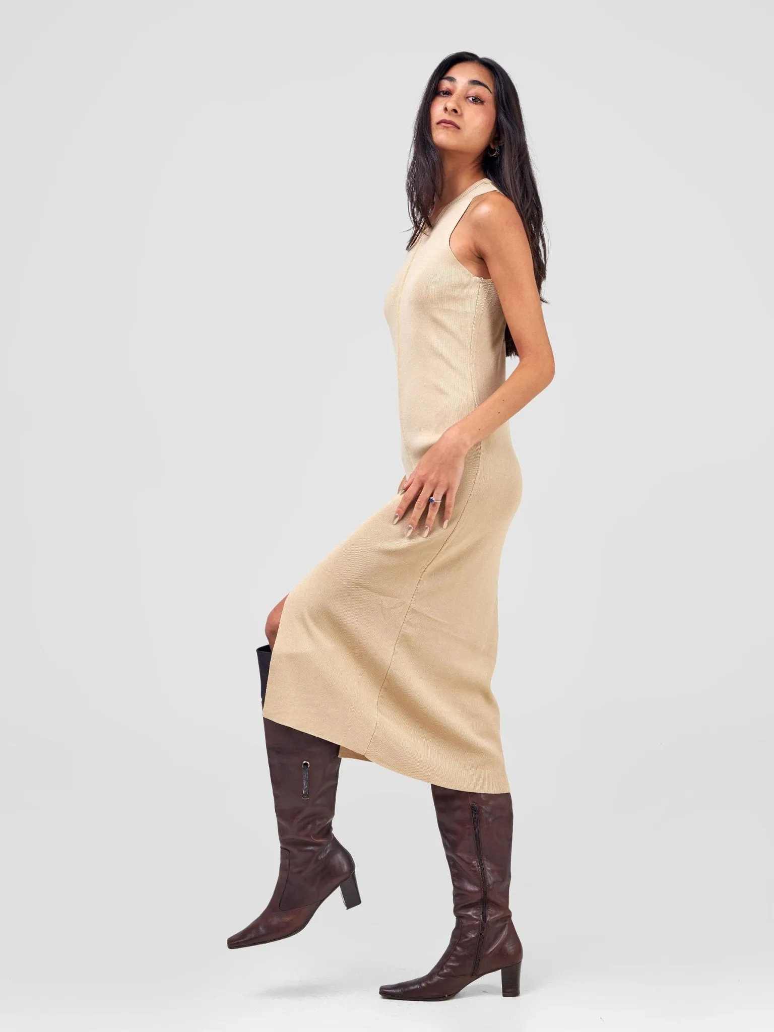 Anika  A-Line Sleeveless Ribbed Dress W/Front Slit - Beige