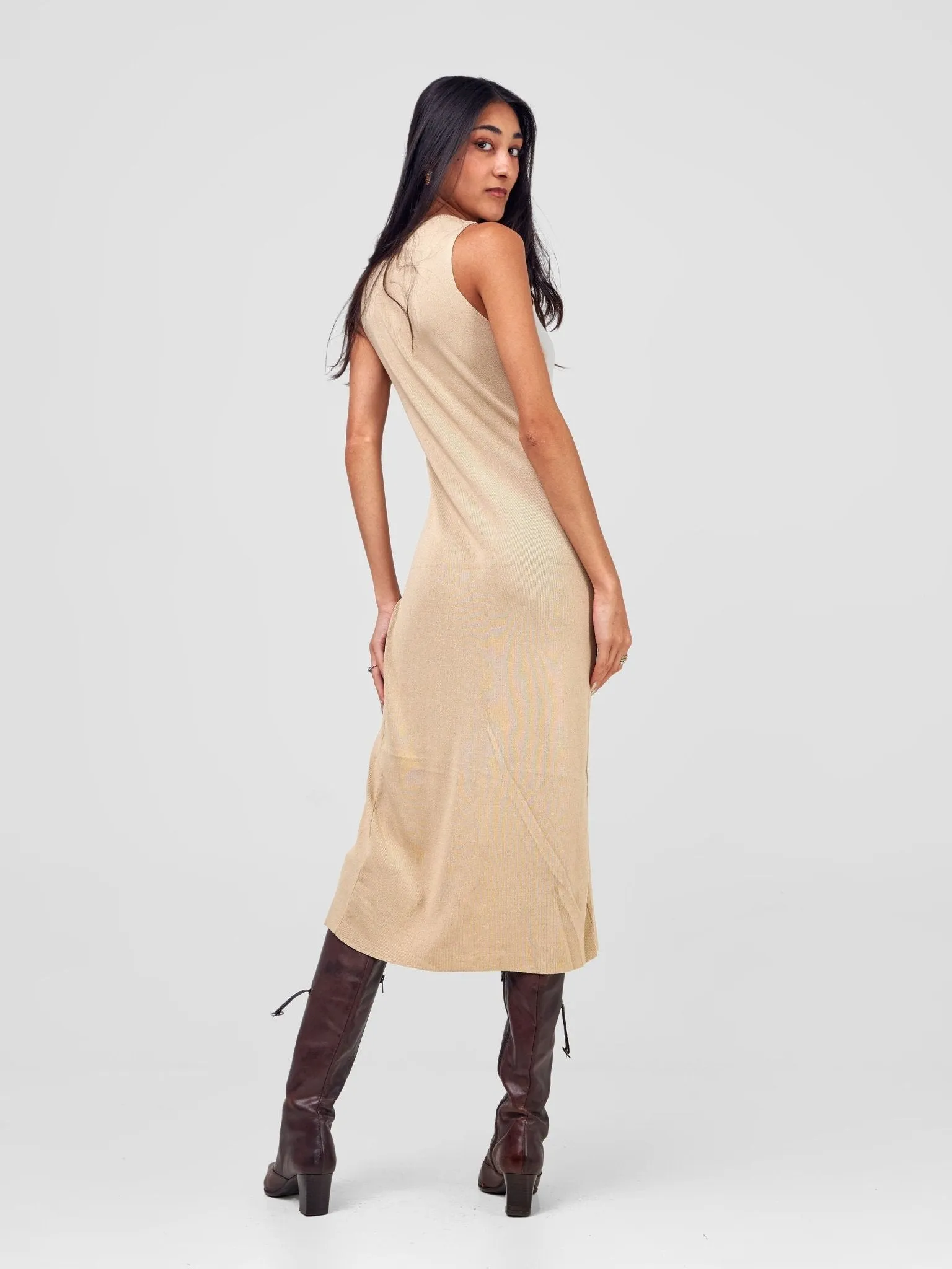 Anika  A-Line Sleeveless Ribbed Dress W/Front Slit - Beige