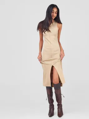 Anika  A-Line Sleeveless Ribbed Dress W/Front Slit - Beige