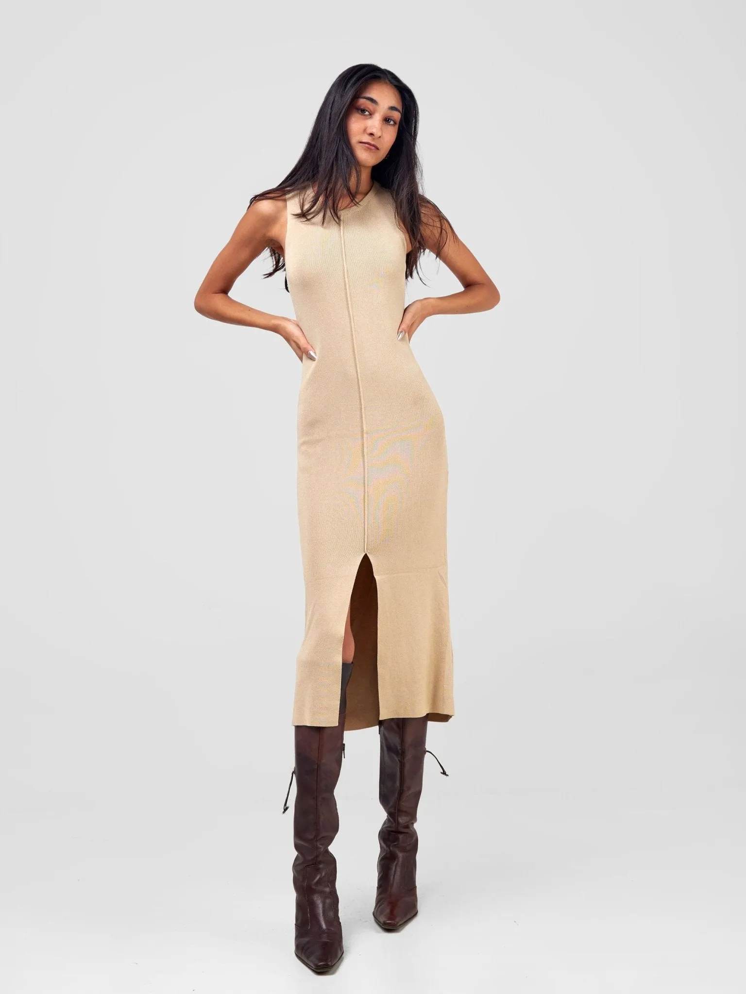 Anika  A-Line Sleeveless Ribbed Dress W/Front Slit - Beige