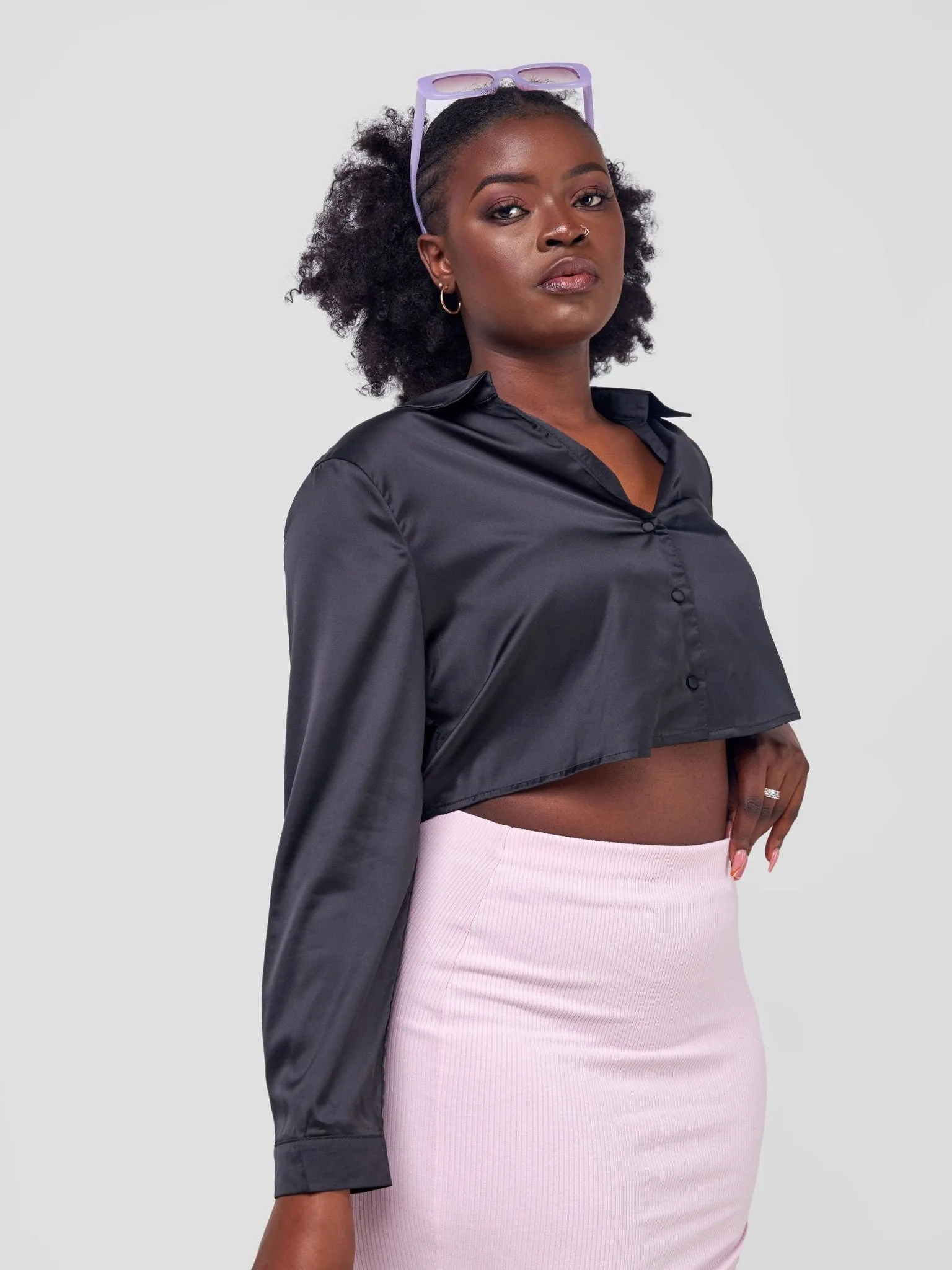 Anika Cropped High Low Satin Shirt - Black