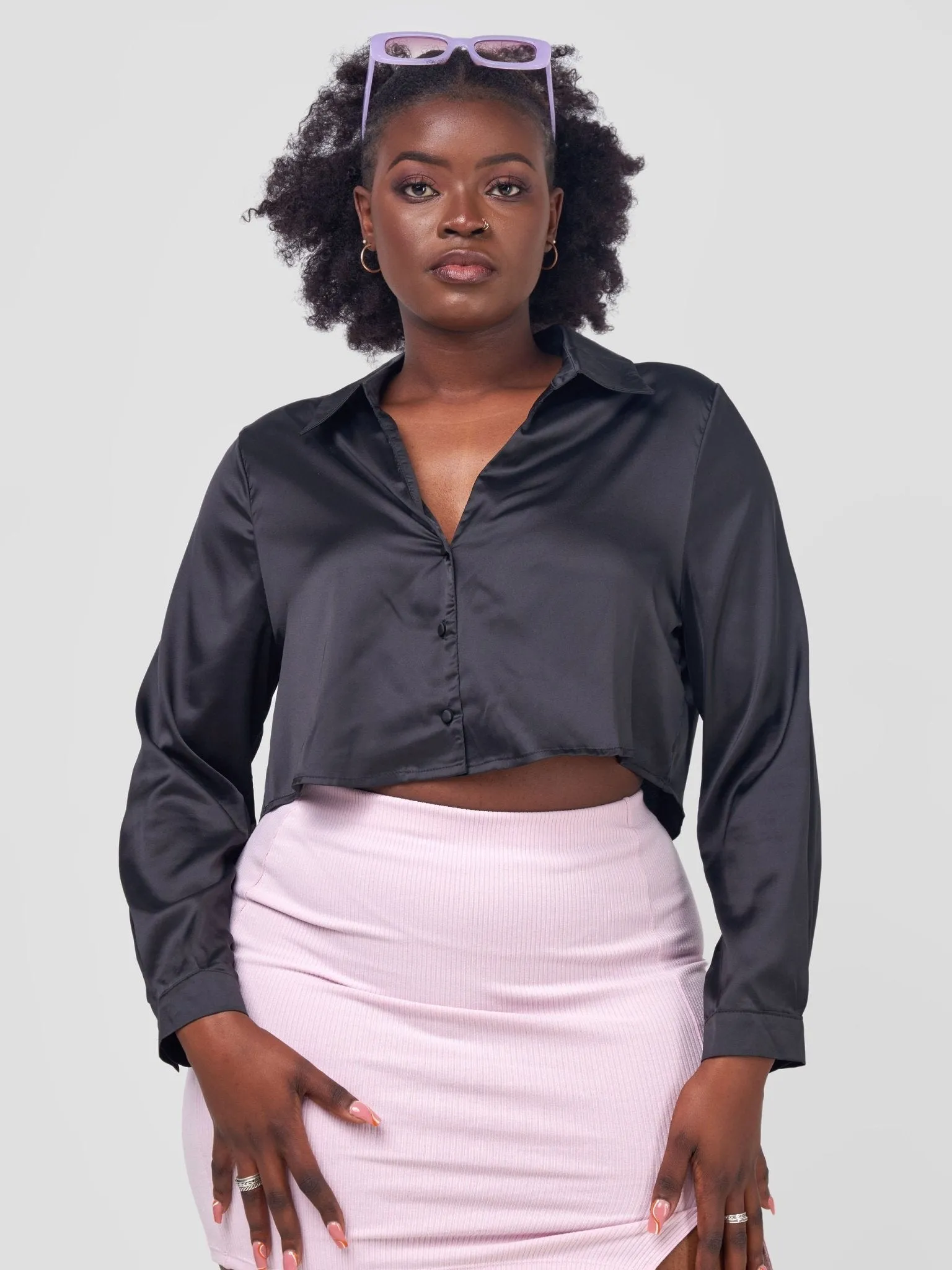 Anika Cropped High Low Satin Shirt - Black