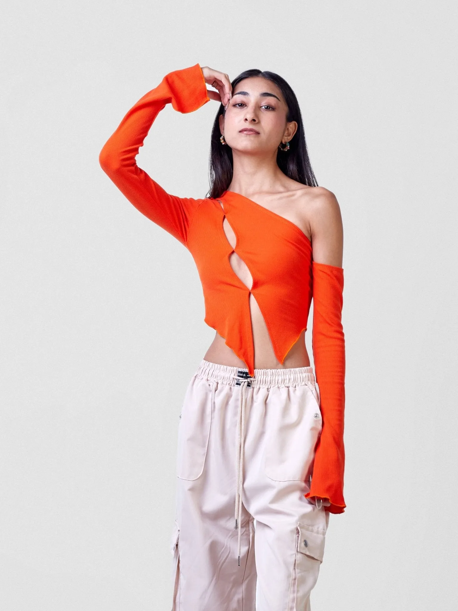 Anika Long Sleeved Asymmetrical Cutout Crop Top - Orange