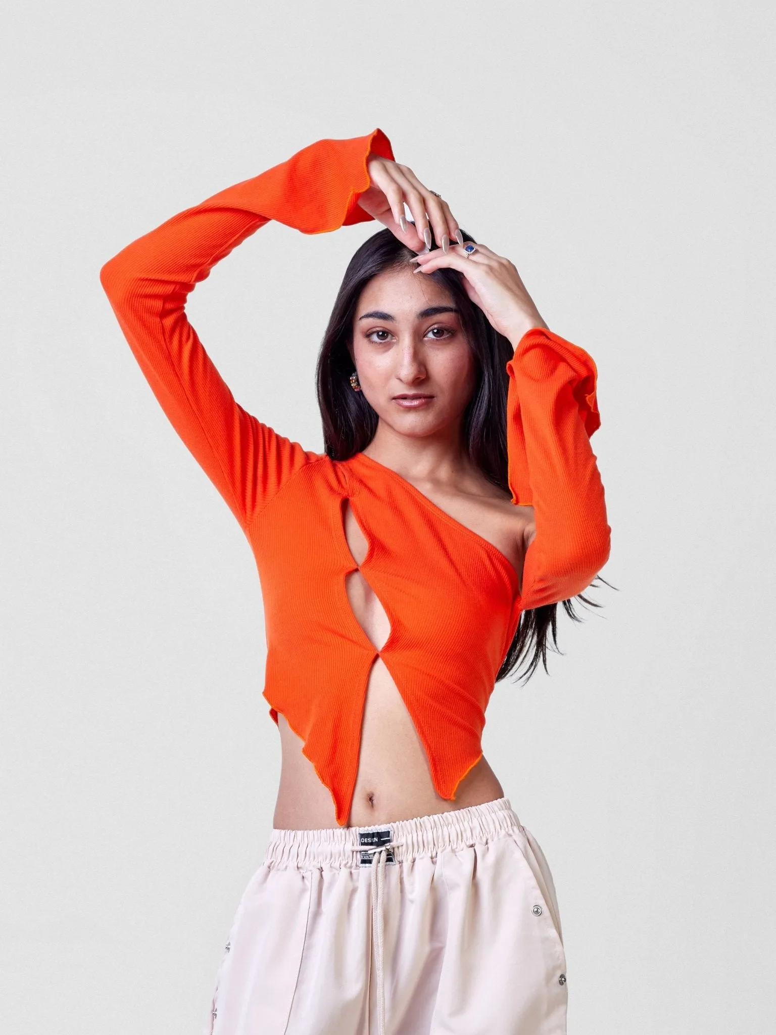 Anika Long Sleeved Asymmetrical Cutout Crop Top - Orange