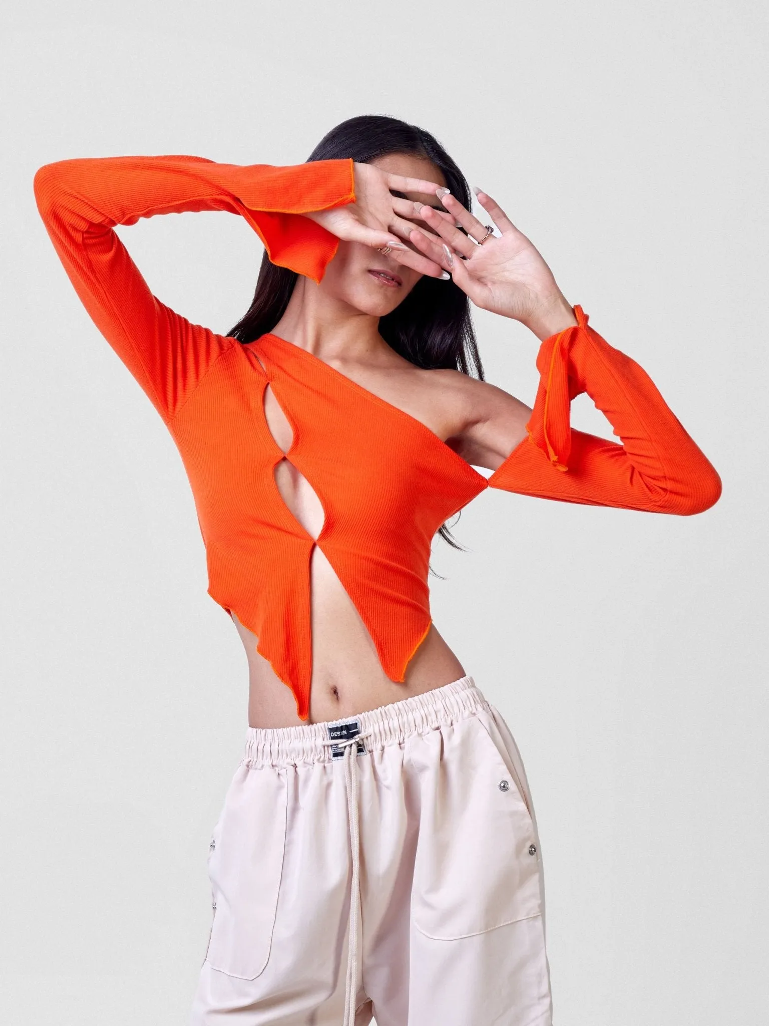 Anika Long Sleeved Asymmetrical Cutout Crop Top - Orange