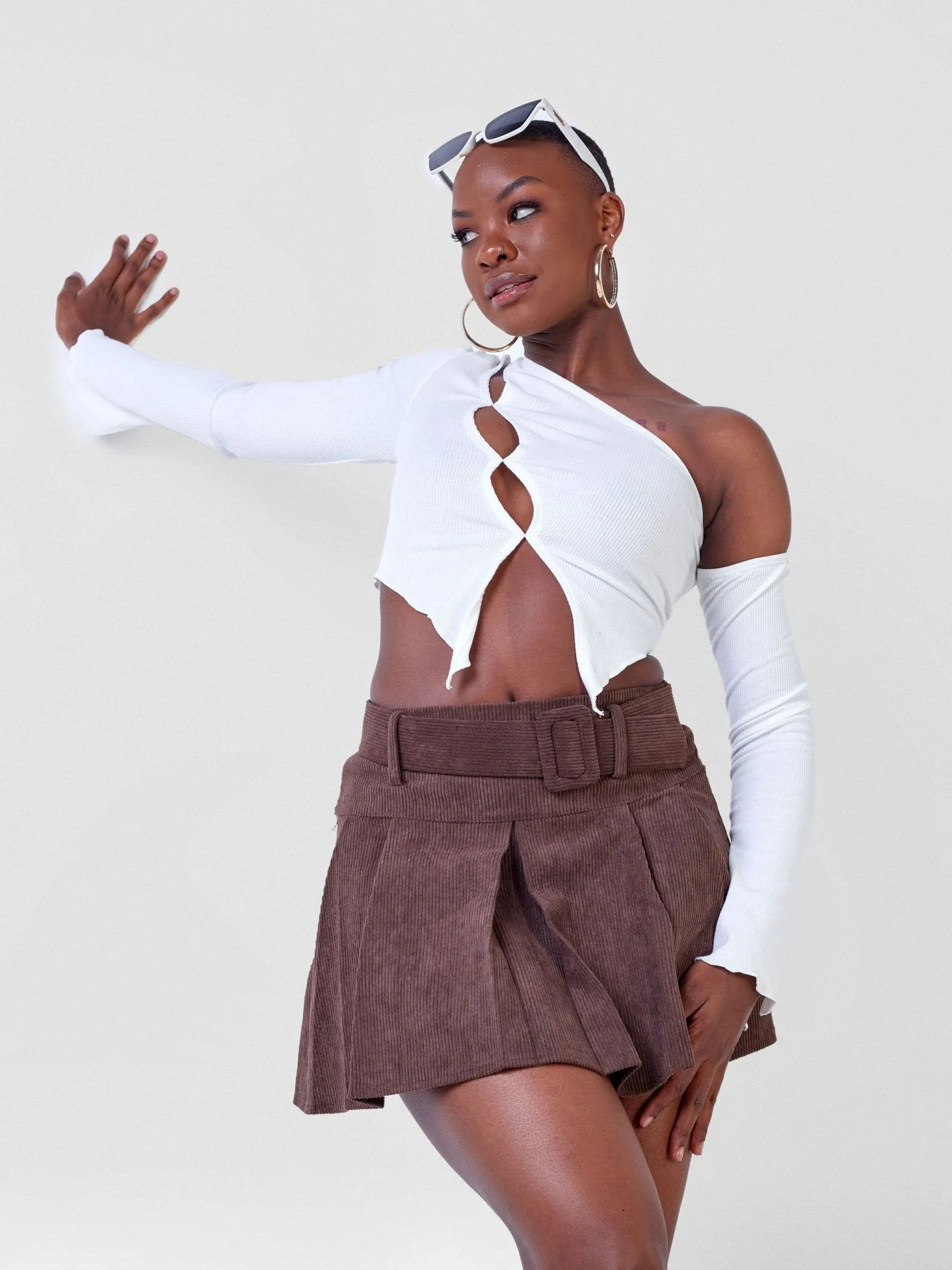 Anika Long Sleeved Asymmetrical Cutout Crop Top - White