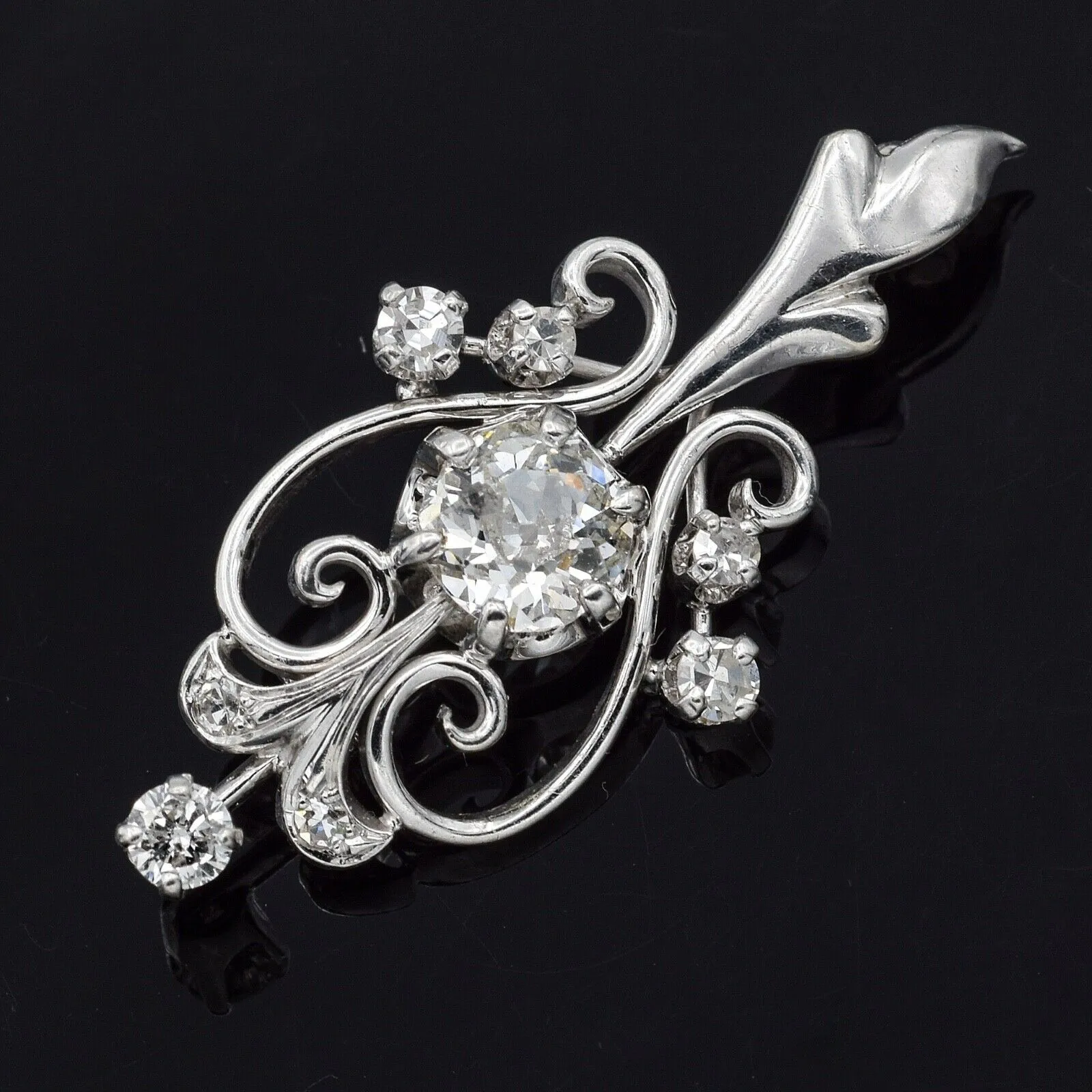 Antique 14K White Gold 0.80 TCW Euro Cut Diamond Art Deco Brooch Pin G/H