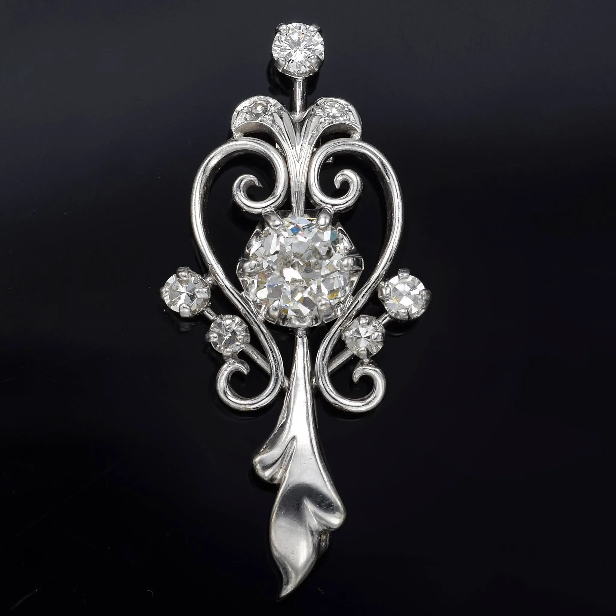 Antique 14K White Gold 0.80 TCW Euro Cut Diamond Art Deco Brooch Pin G/H