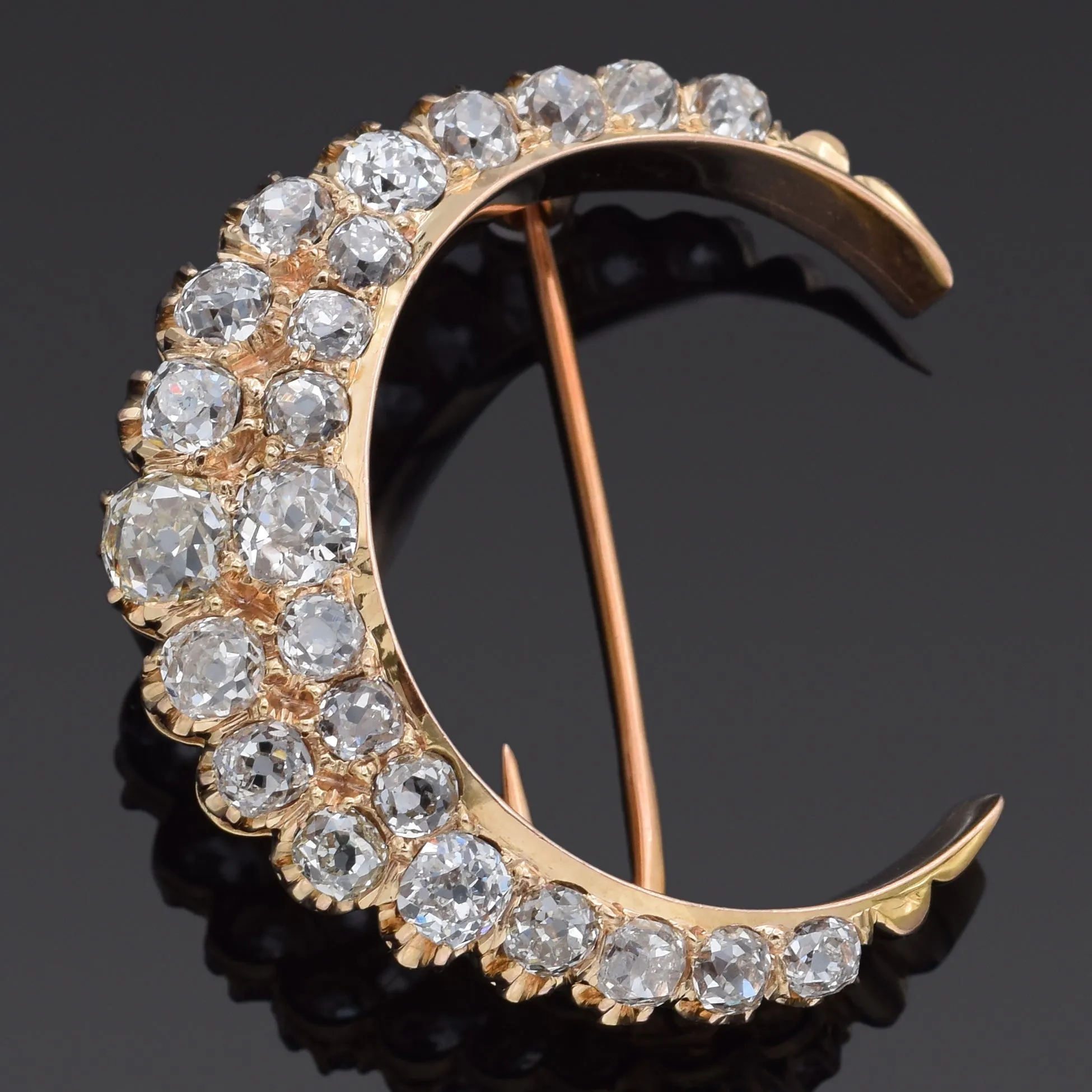 Antique 14K Yellow Gold 3.22 TCW Old Mine Cut Diamond Crescent Moon Brooch Pin