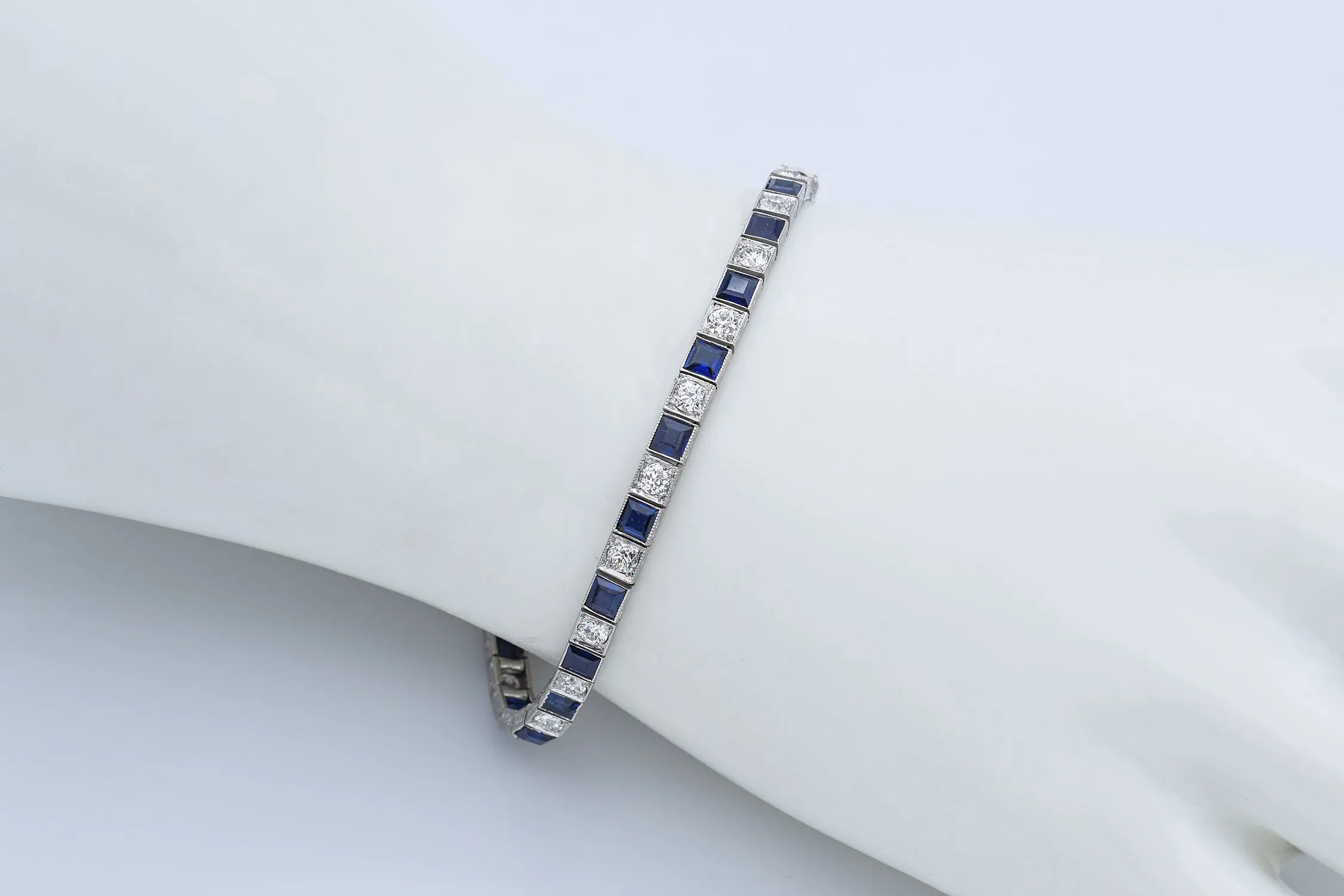 Antique Art Deco Platinum 1.92 TCW Old Euro Diamond & Sapphire Tennis Bracelet