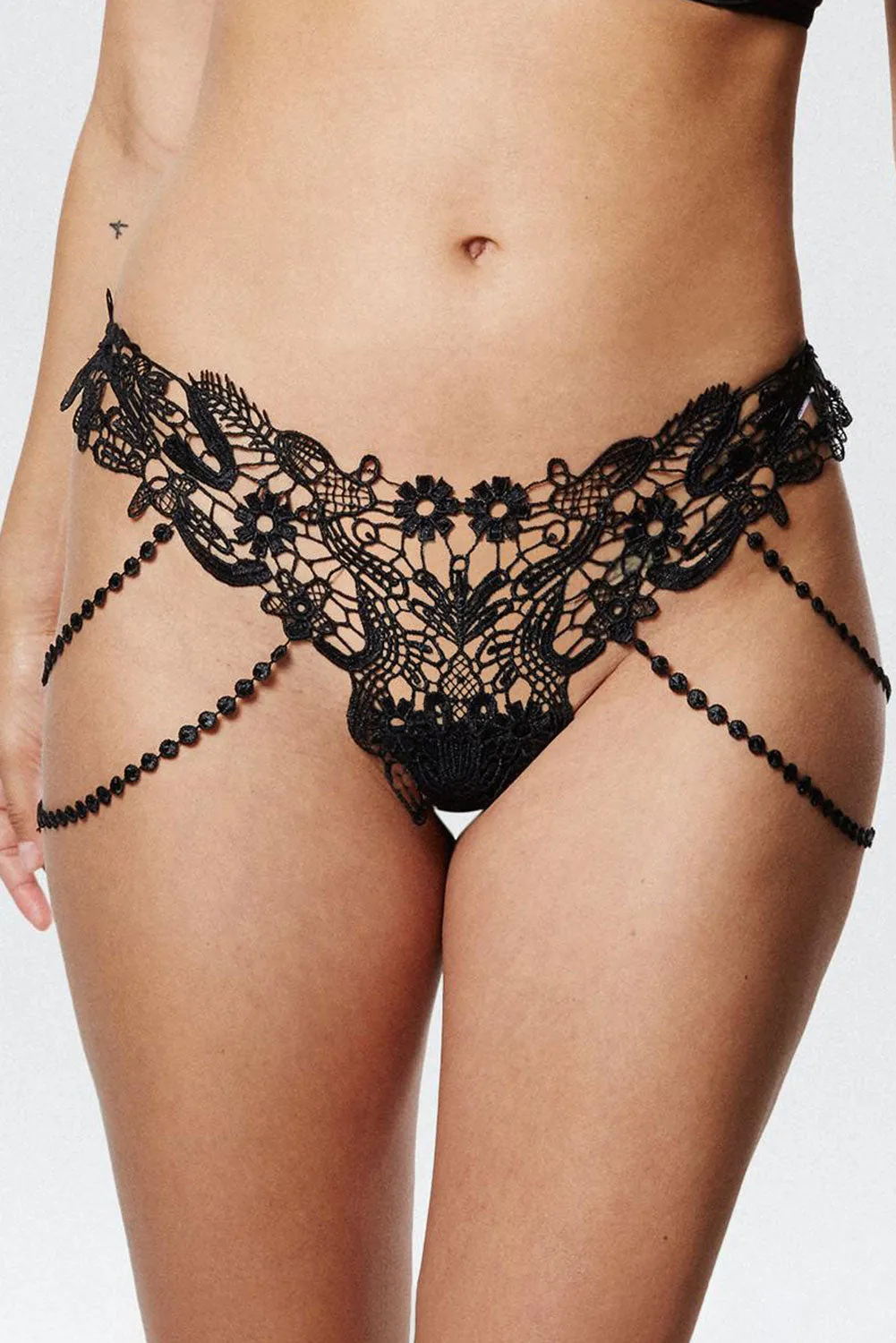 Black Beaded Embroidery Chains Lace Thong