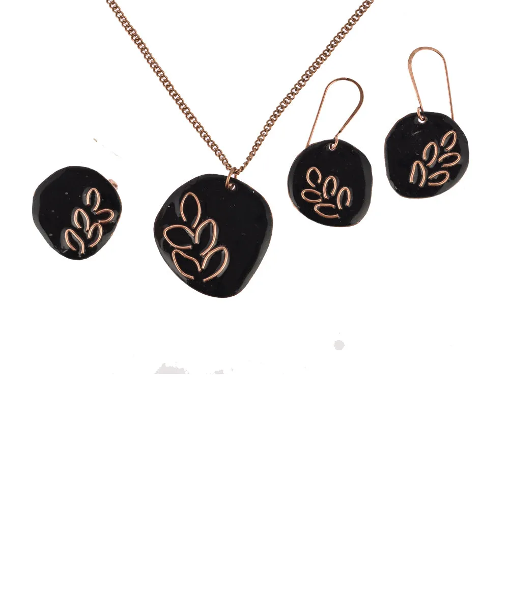 Black leaf handcrafted copper enamel jewellery set