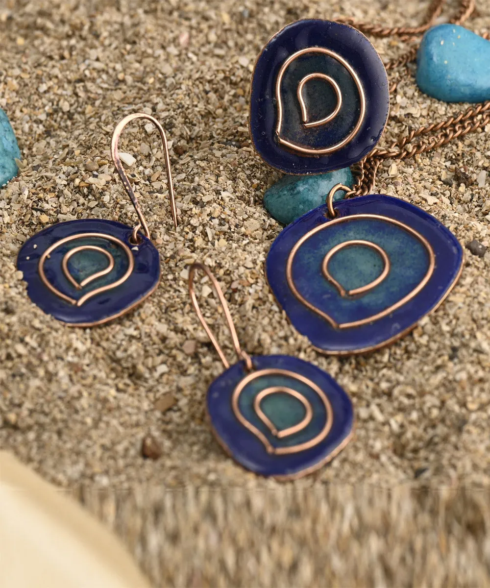 Blue handcrafted copper enamel jewellery set