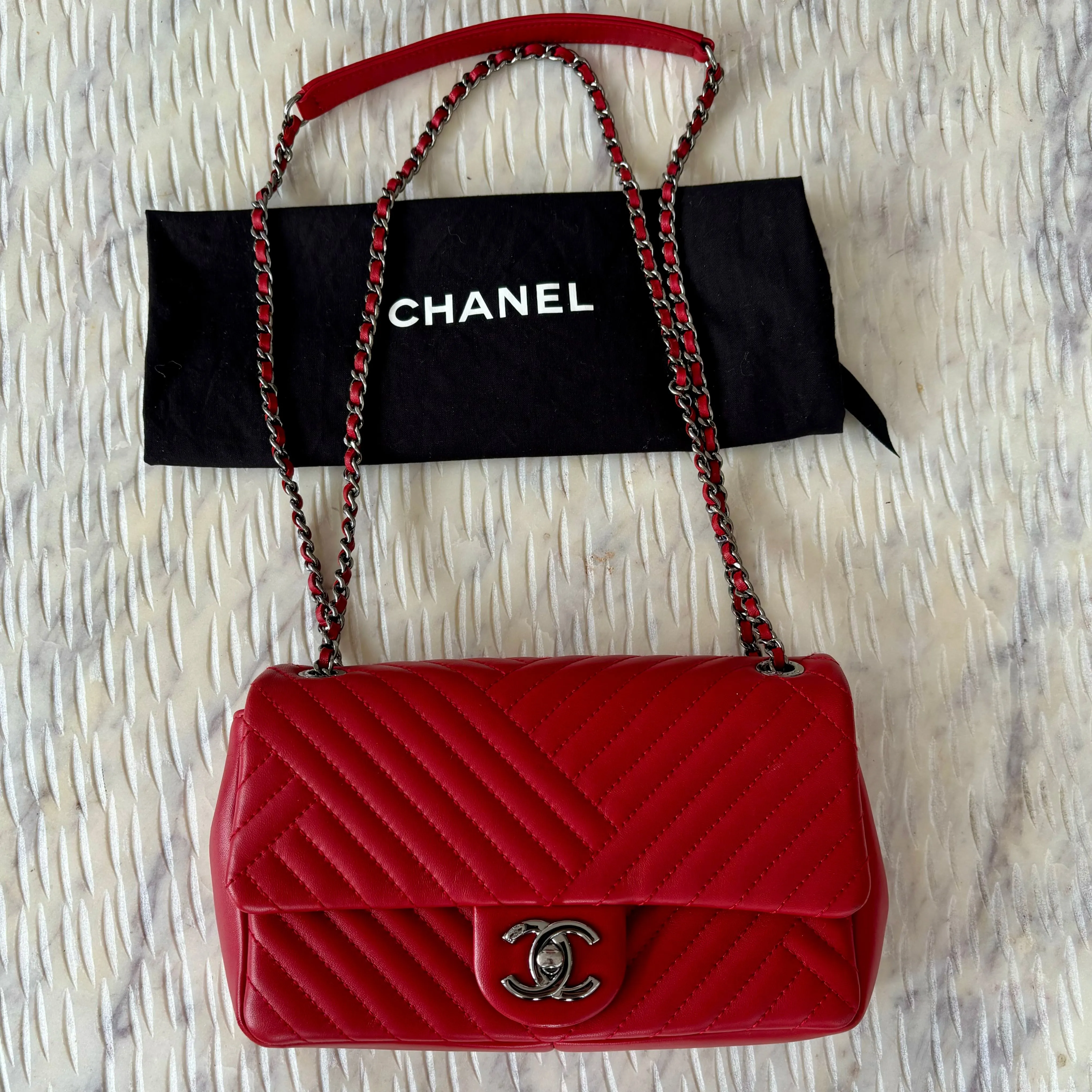 Chanel Chevron Red Lambskin Flap Bag