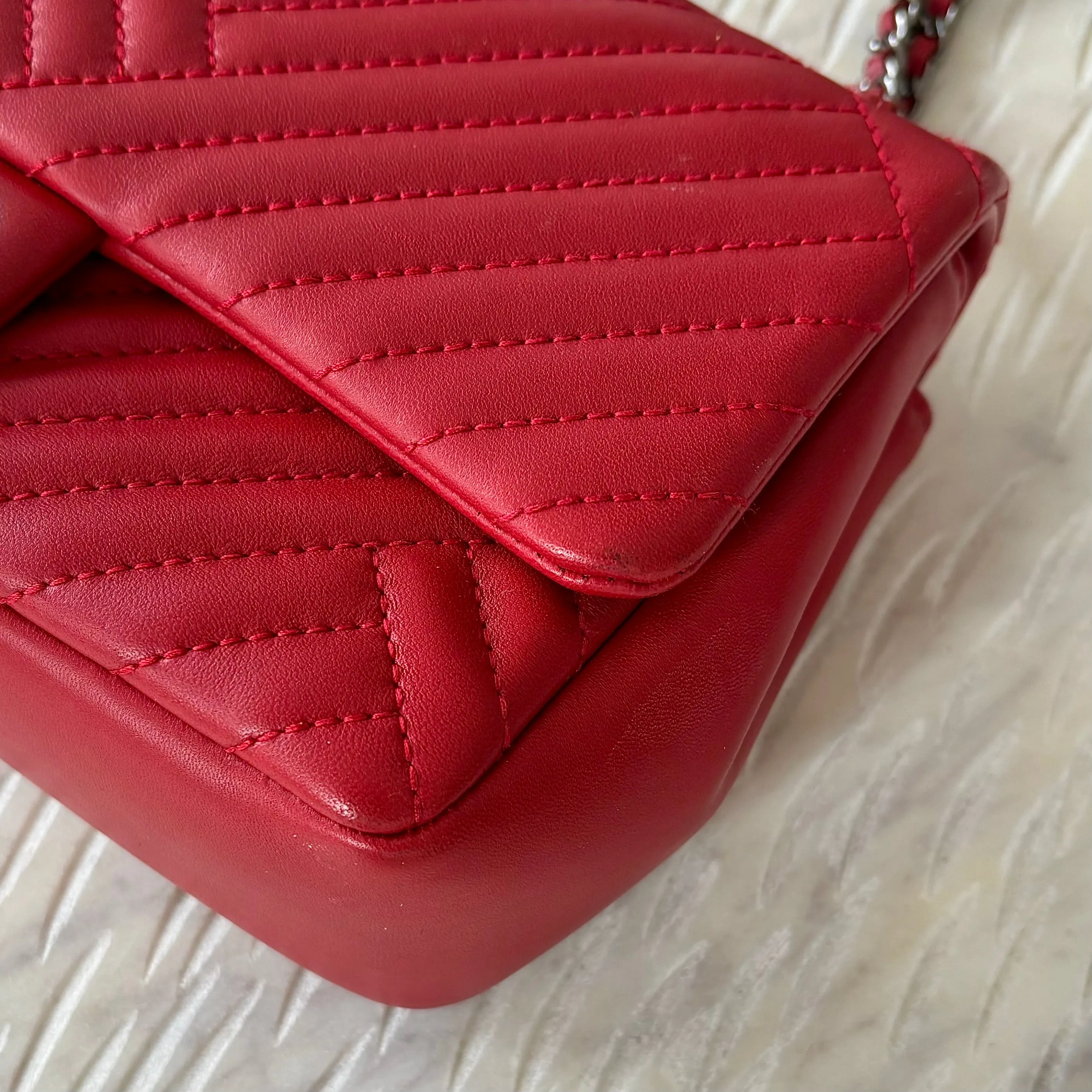 Chanel Chevron Red Lambskin Flap Bag