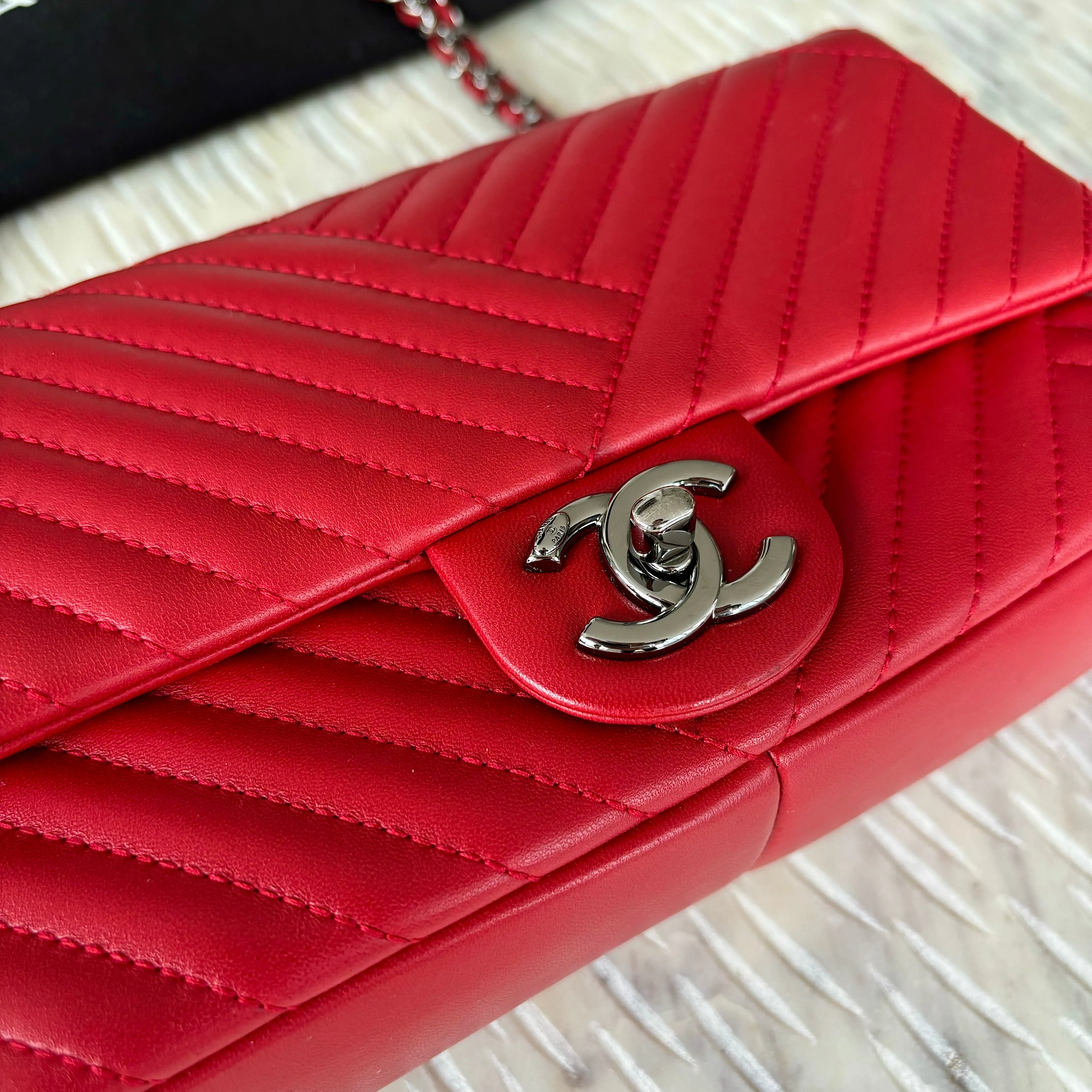 Chanel Chevron Red Lambskin Flap Bag