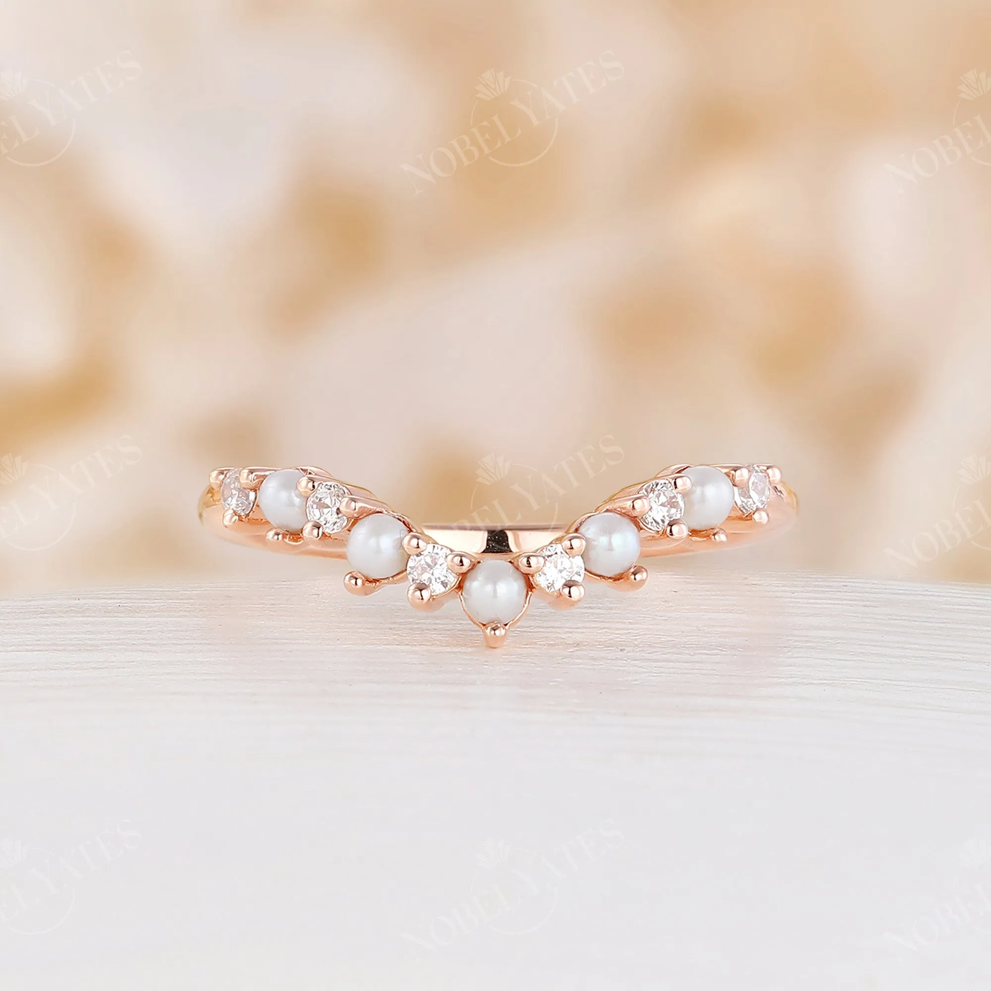 Curved Moissanite&Pearl Matching Band Rose Gold Ring