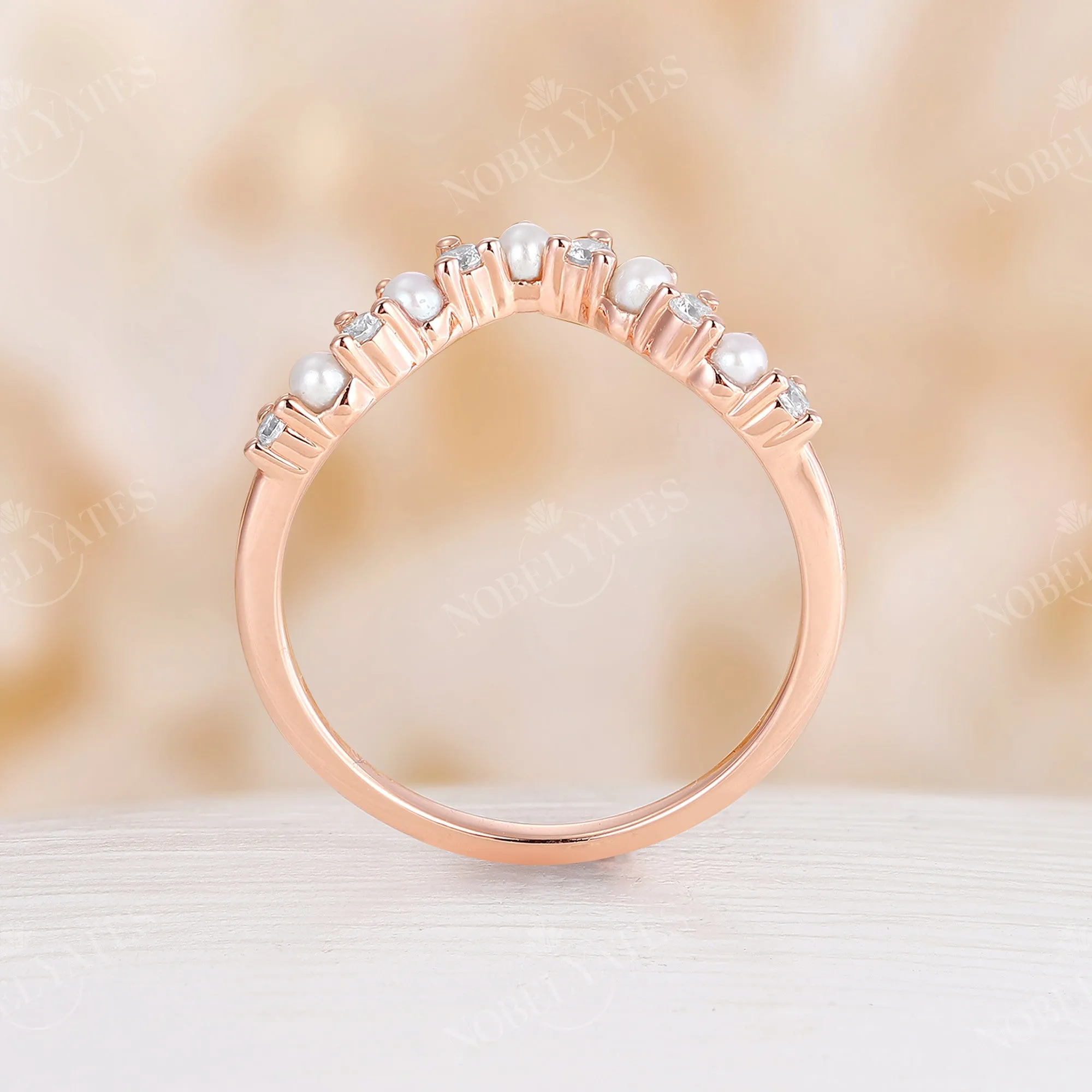 Curved Moissanite&Pearl Matching Band Rose Gold Ring