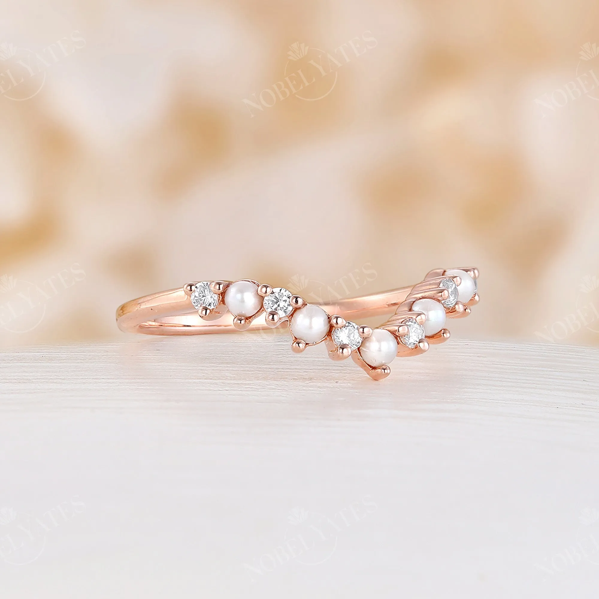 Curved Moissanite&Pearl Matching Band Rose Gold Ring