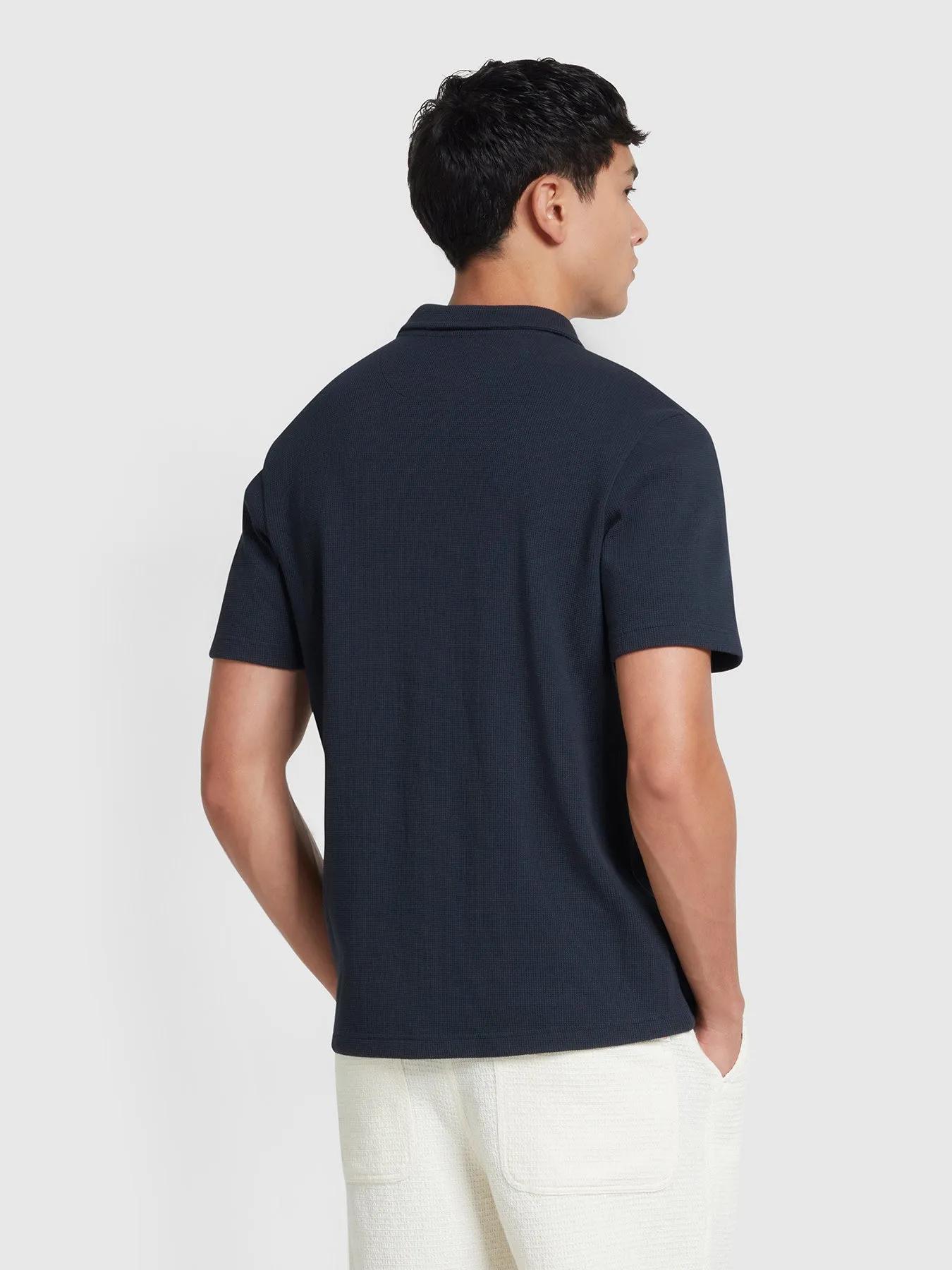 Denny Button-Through Waffle Polo Shirt In True Navy