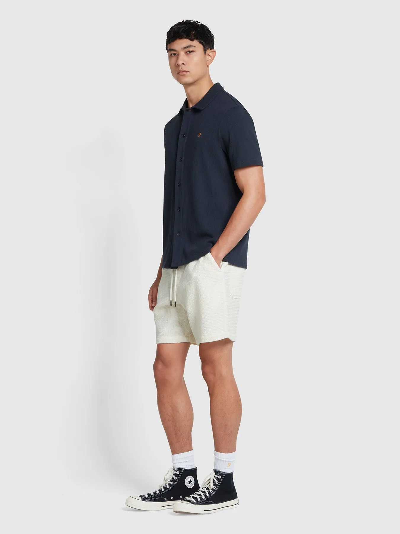 Denny Button-Through Waffle Polo Shirt In True Navy