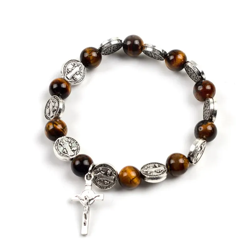 Elasticated Rosary Wood Catholic Saints Religion Bracelet