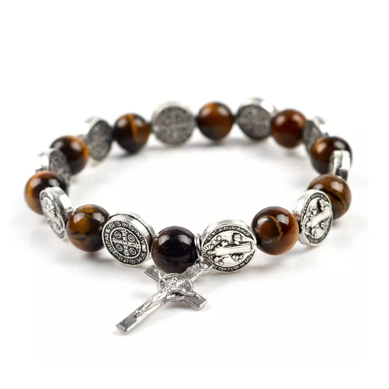 Elasticated Rosary Wood Catholic Saints Religion Bracelet