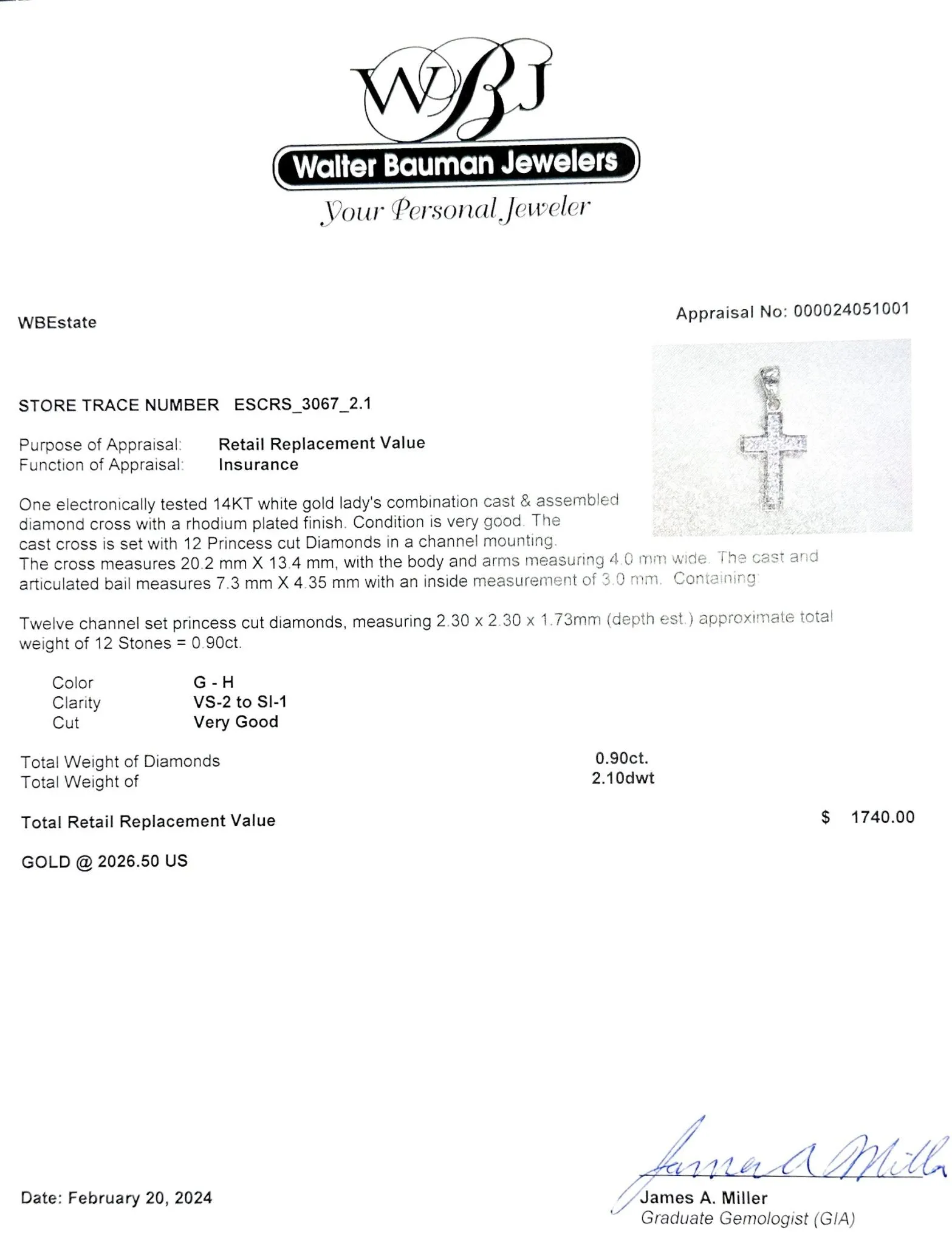 Estate 14K W Gold 0.90ctw G-H/VS2-SI1 Diamond Cross Pendant