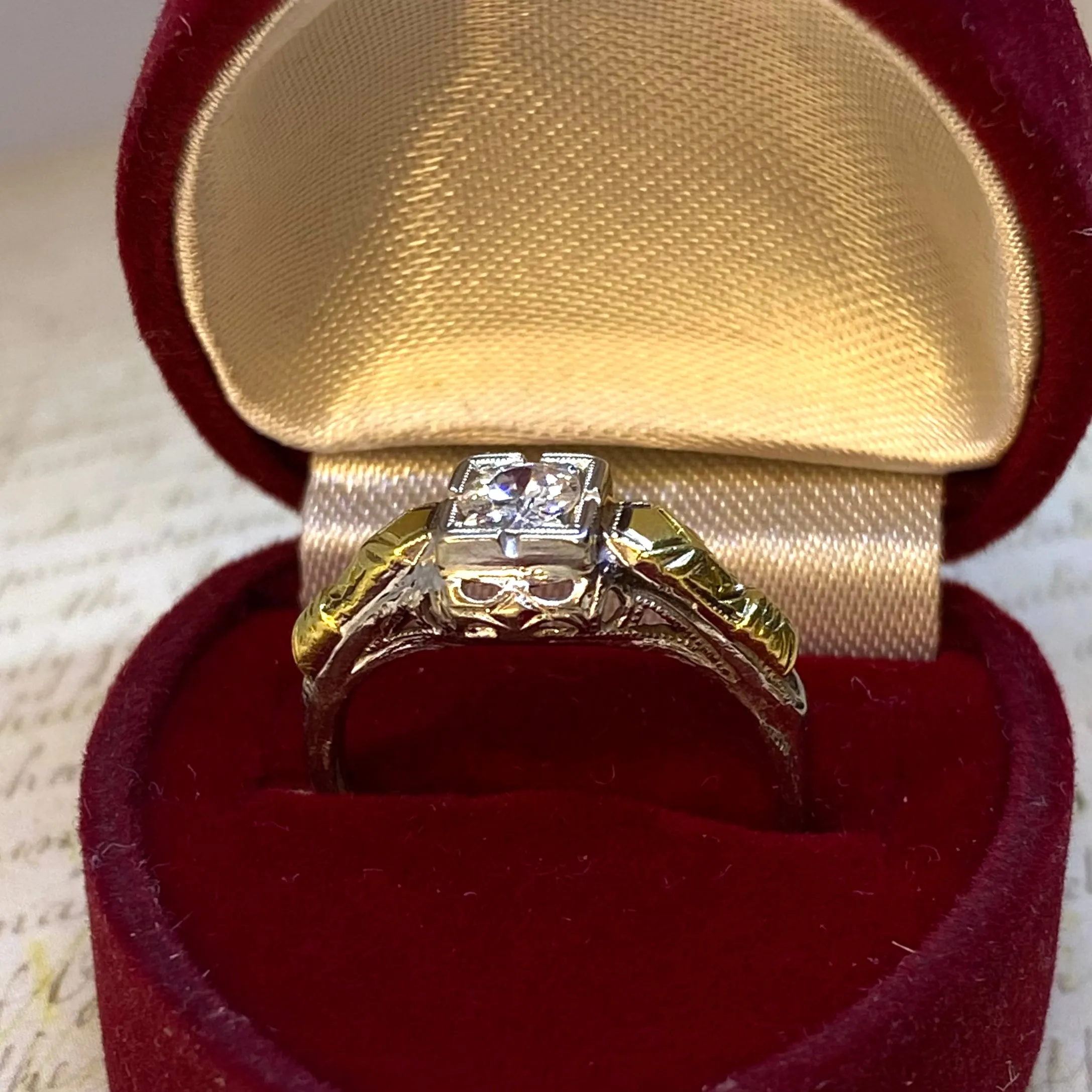 Estate Art Deco 18K Gold Two Tone Diamond Engagement Ring