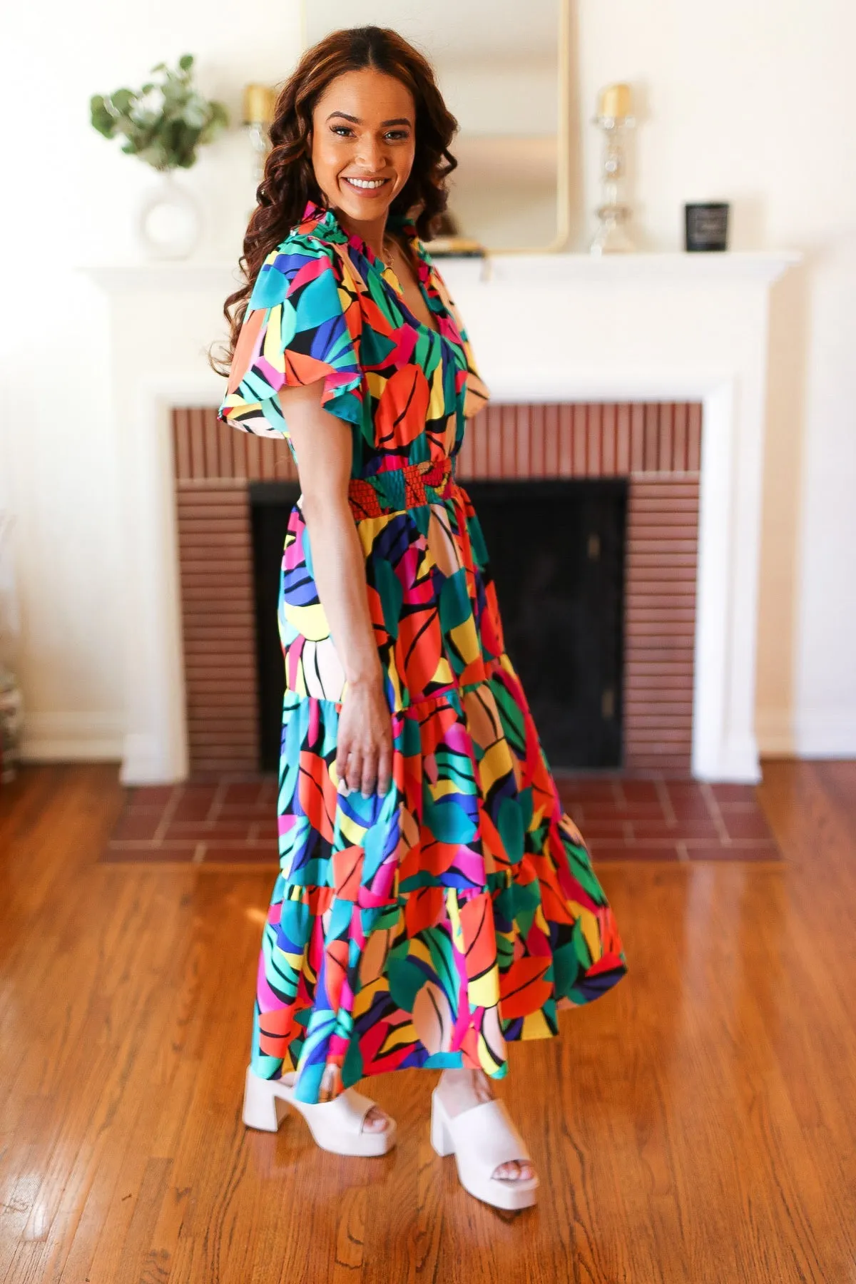 Explore More Collection - Be Bold Multicolor Abstract Tropical Print Smocked Waist Maxi Dress