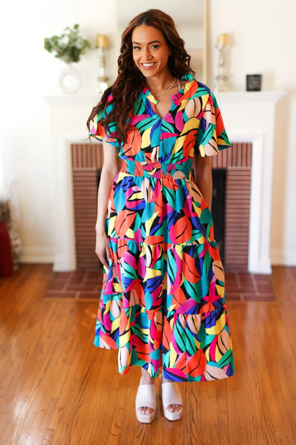 Explore More Collection - Be Bold Multicolor Abstract Tropical Print Smocked Waist Maxi Dress