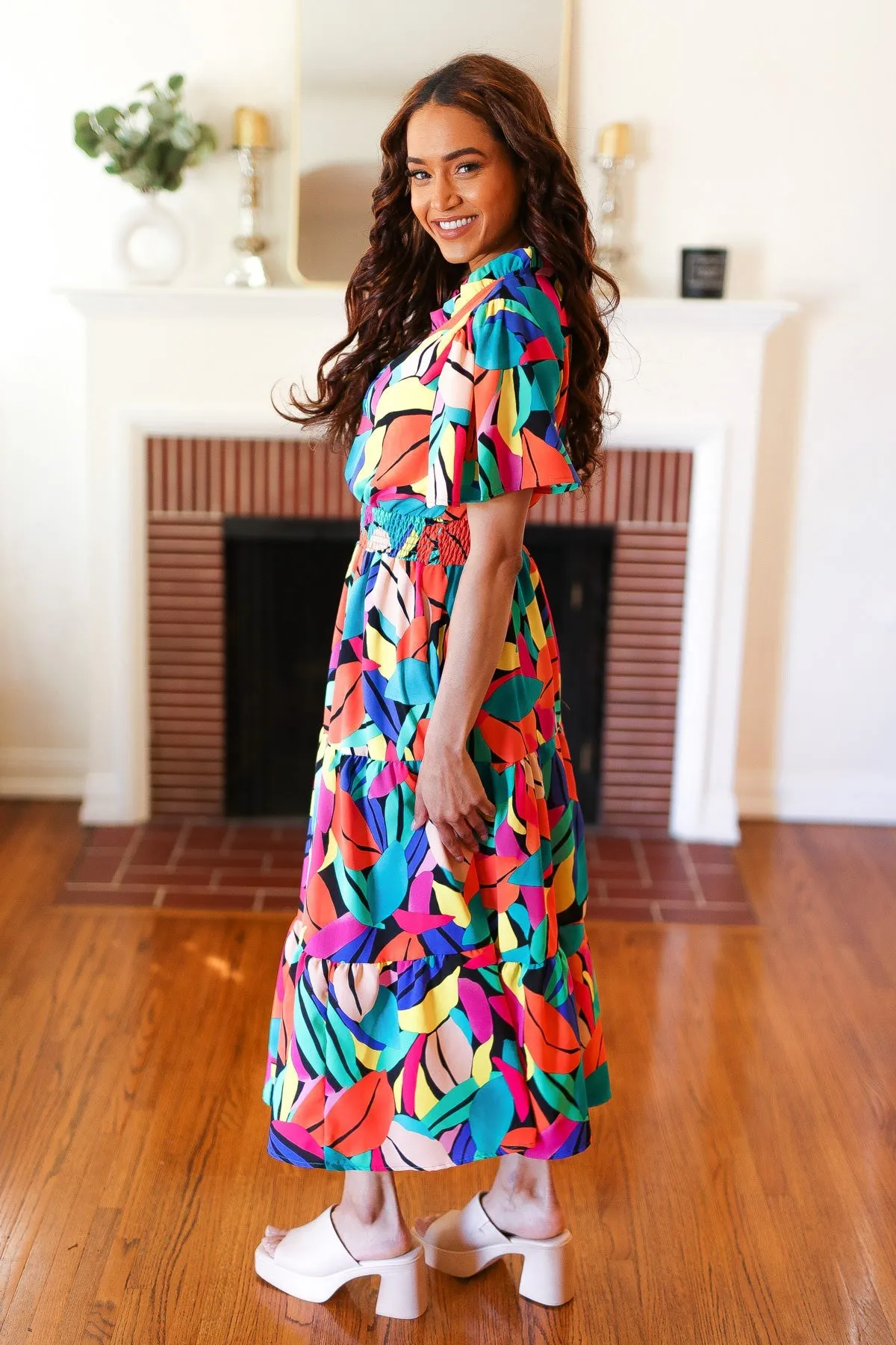 Explore More Collection - Be Bold Multicolor Abstract Tropical Print Smocked Waist Maxi Dress