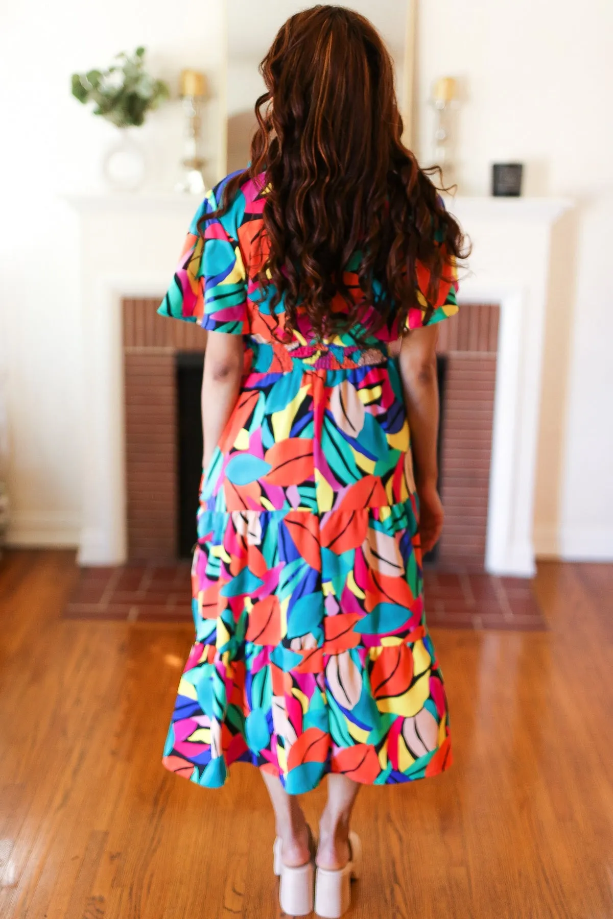 Explore More Collection - Be Bold Multicolor Abstract Tropical Print Smocked Waist Maxi Dress