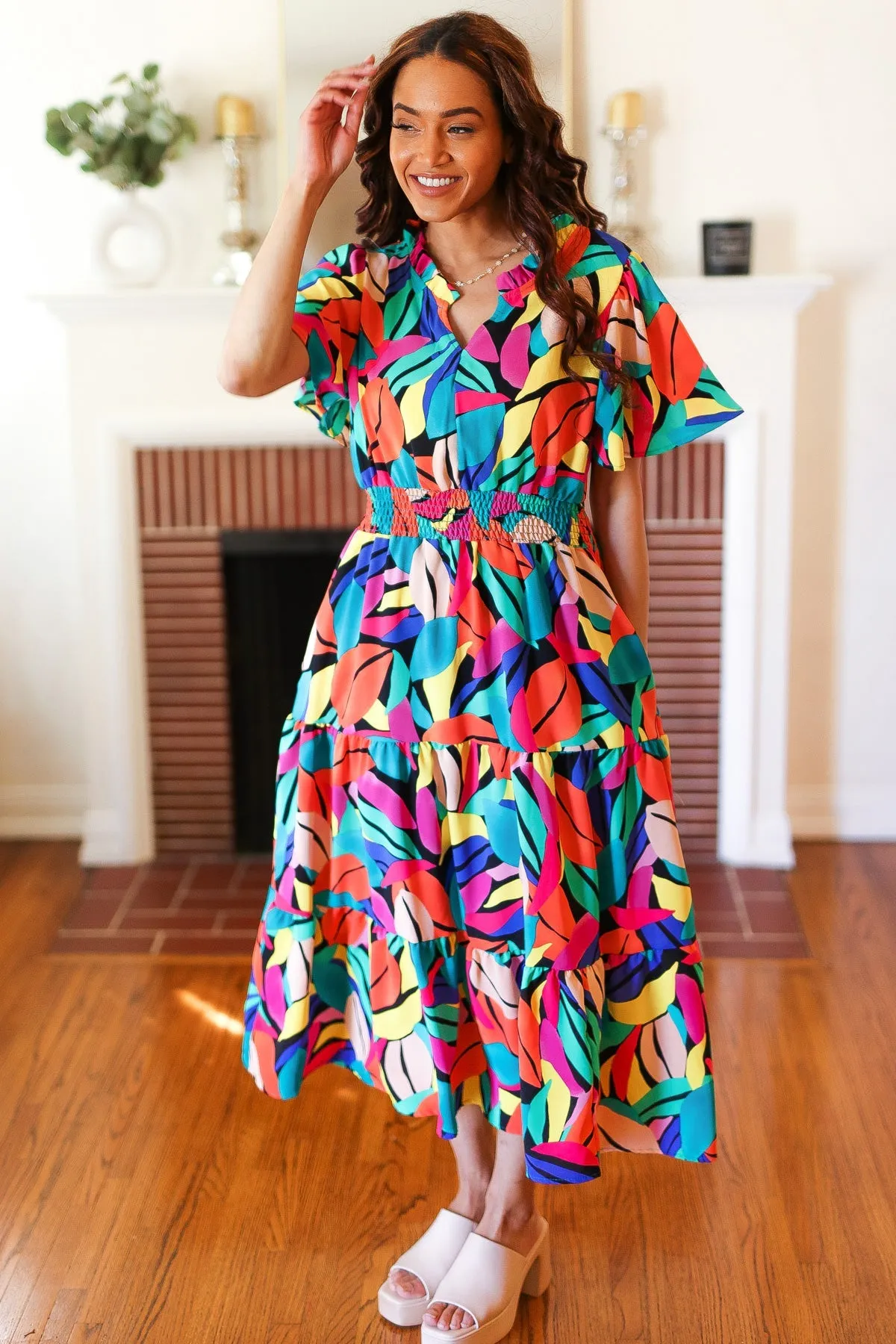 Explore More Collection - Be Bold Multicolor Abstract Tropical Print Smocked Waist Maxi Dress