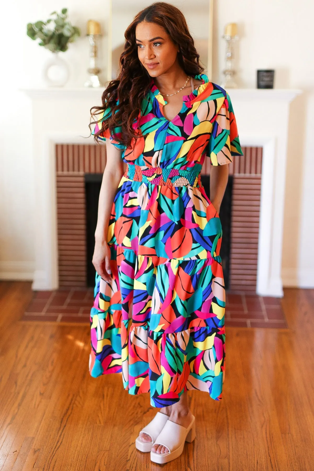 Explore More Collection - Be Bold Multicolor Abstract Tropical Print Smocked Waist Maxi Dress