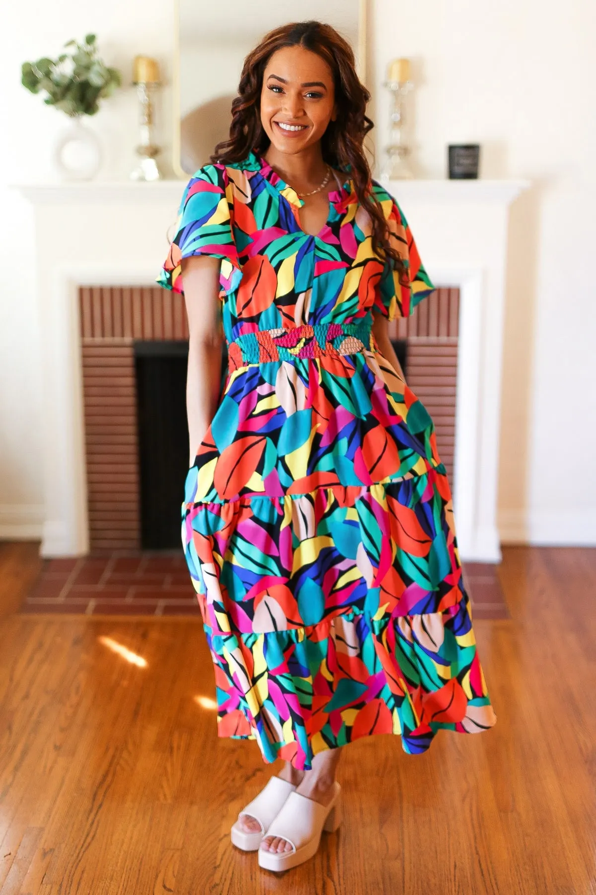 Explore More Collection - Be Bold Multicolor Abstract Tropical Print Smocked Waist Maxi Dress