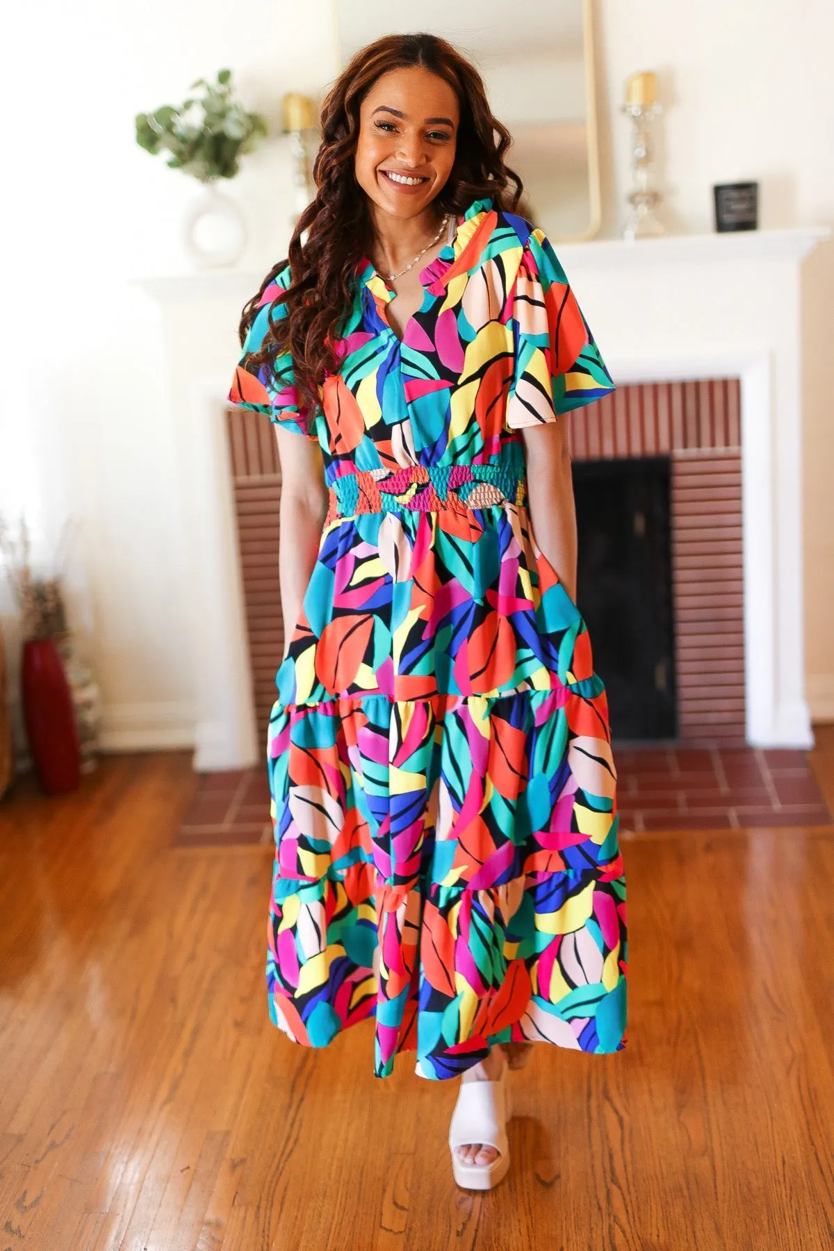 Explore More Collection - Be Bold Multicolor Abstract Tropical Print Smocked Waist Maxi Dress