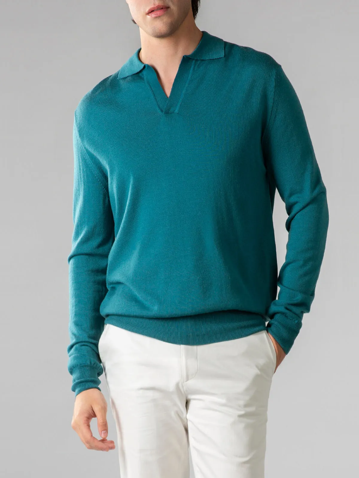 Extrafine Merino Buttonless Polo Carribean Blue