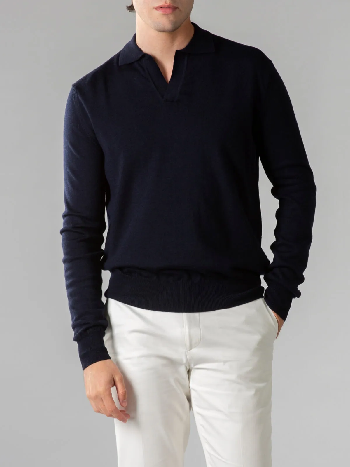 Navy Blue, Buttonless Polo Shirt, Made from Extrafine Merino Wool