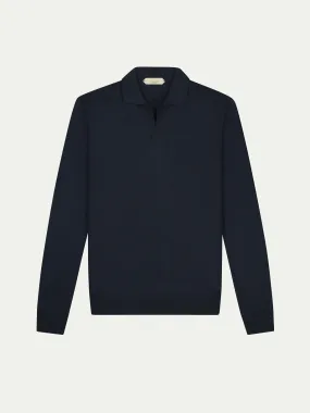 Navy Blue, Buttonless Polo Shirt, Made from Extrafine Merino Wool